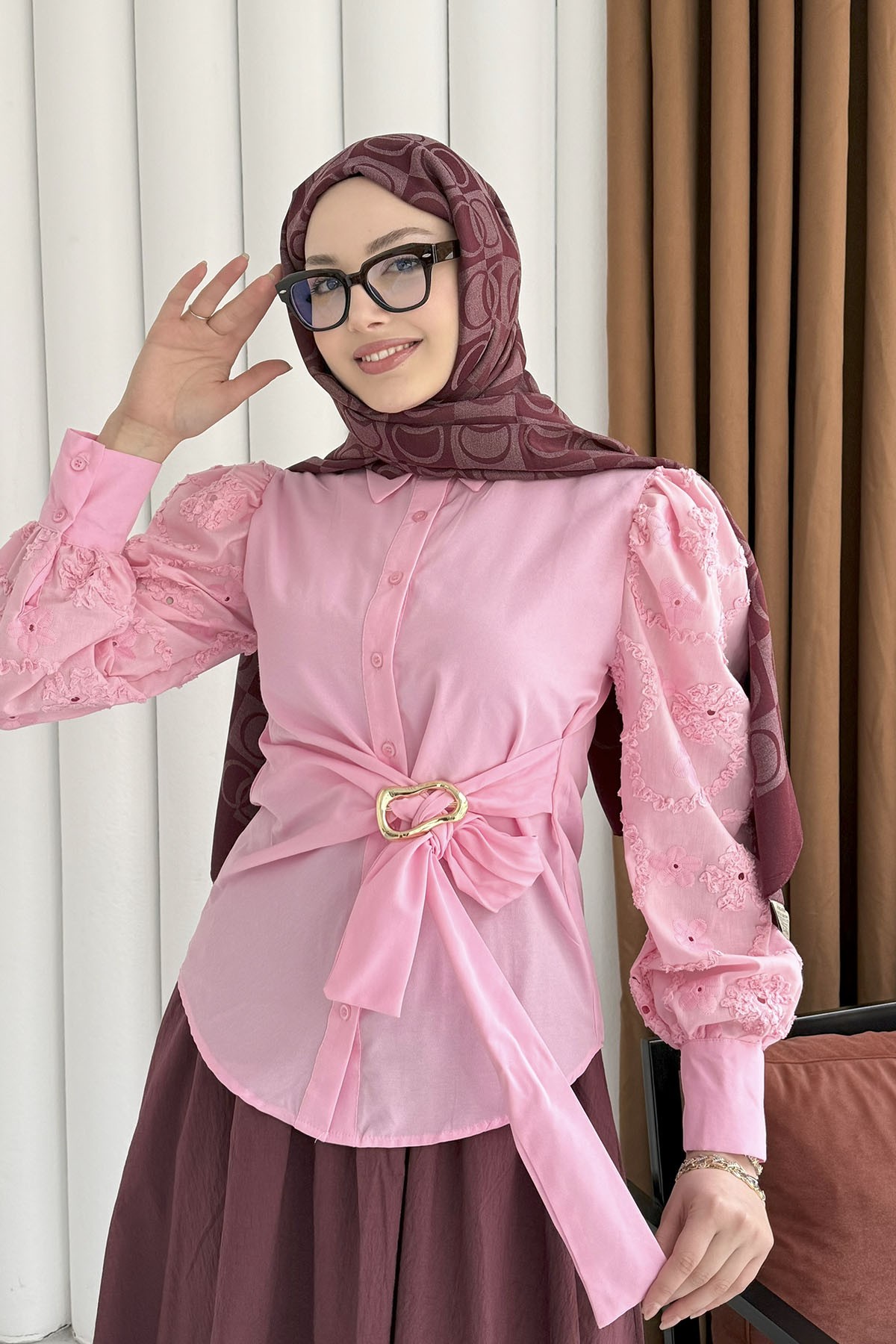 Balon Kol Nakış Detaylı Düğmeli Gömlek-PEMBE