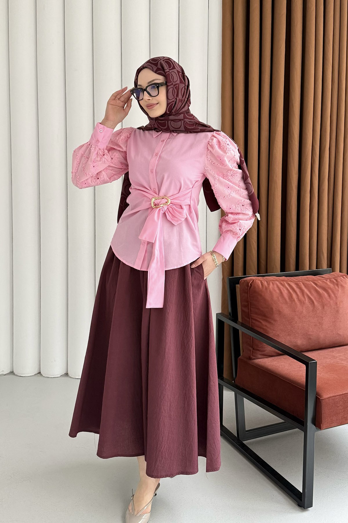 Balon Kol Nakış Detaylı Düğmeli Gömlek-PEMBE