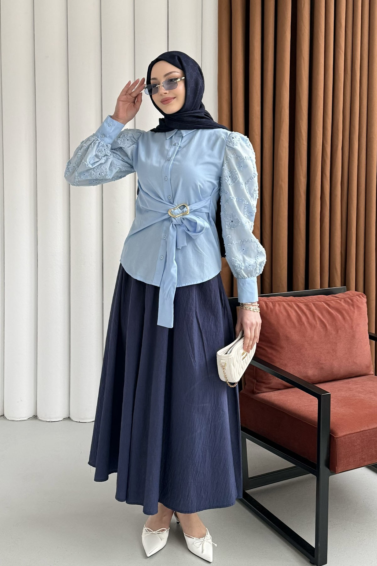 Balon Kol Nakış Detaylı Düğmeli Gömlek-BEBE MAVİ