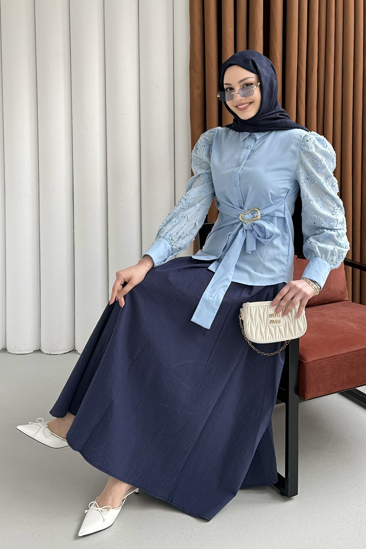 Balon Kol Nakış Detaylı Düğmeli Gömlek-BEBE MAVİ