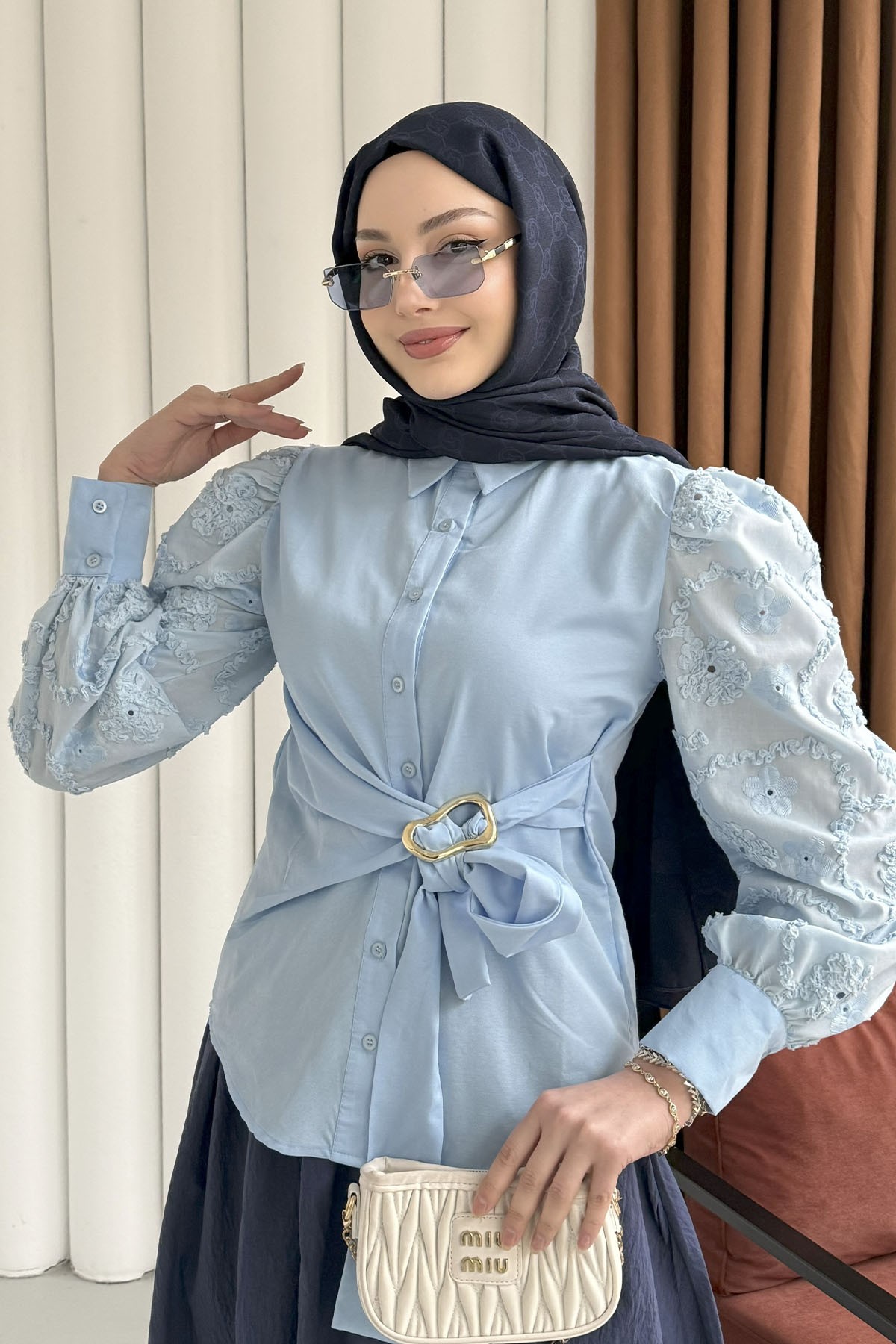 Balon Kol Nakış Detaylı Düğmeli Gömlek-BEBE MAVİ