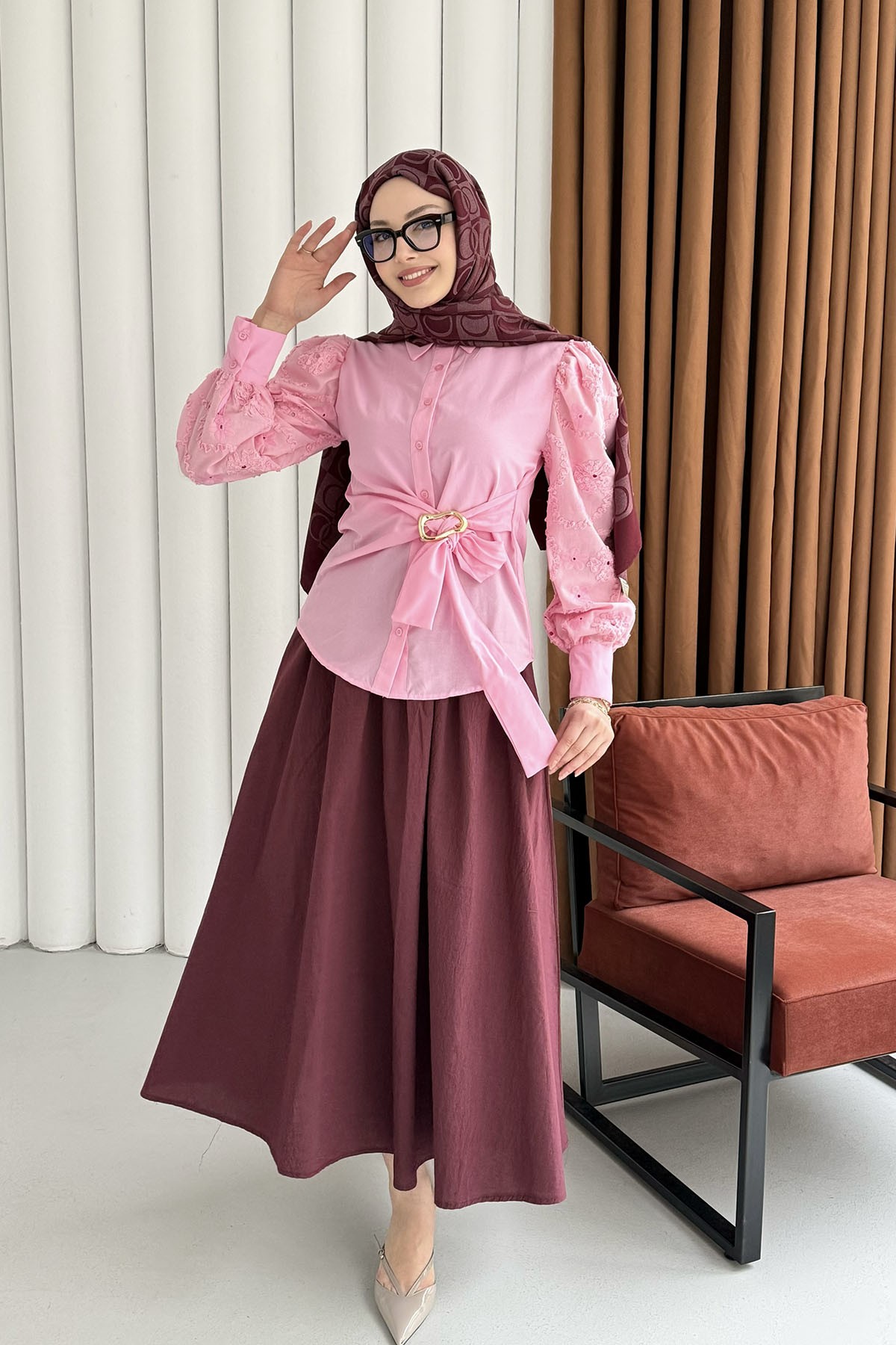 Balon Kol Nakış Detaylı Düğmeli Gömlek-PEMBE