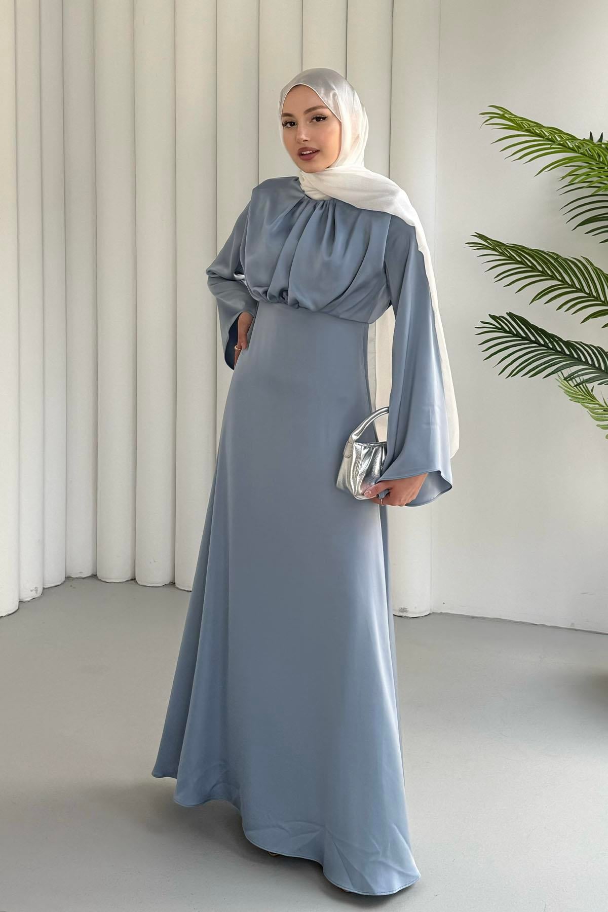 Balon Kol Önü Pileli Saten Tesettür Abiye-BEBE MAVİ