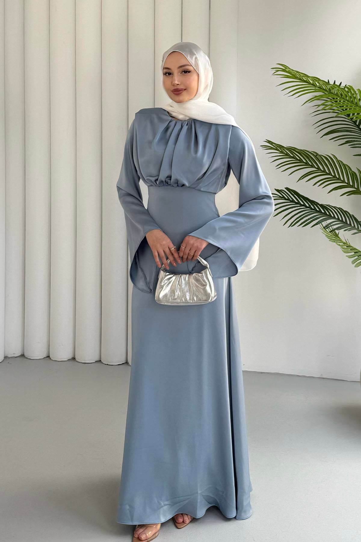 Balon Kol Önü Pileli Saten Tesettür Abiye-BEBE MAVİ