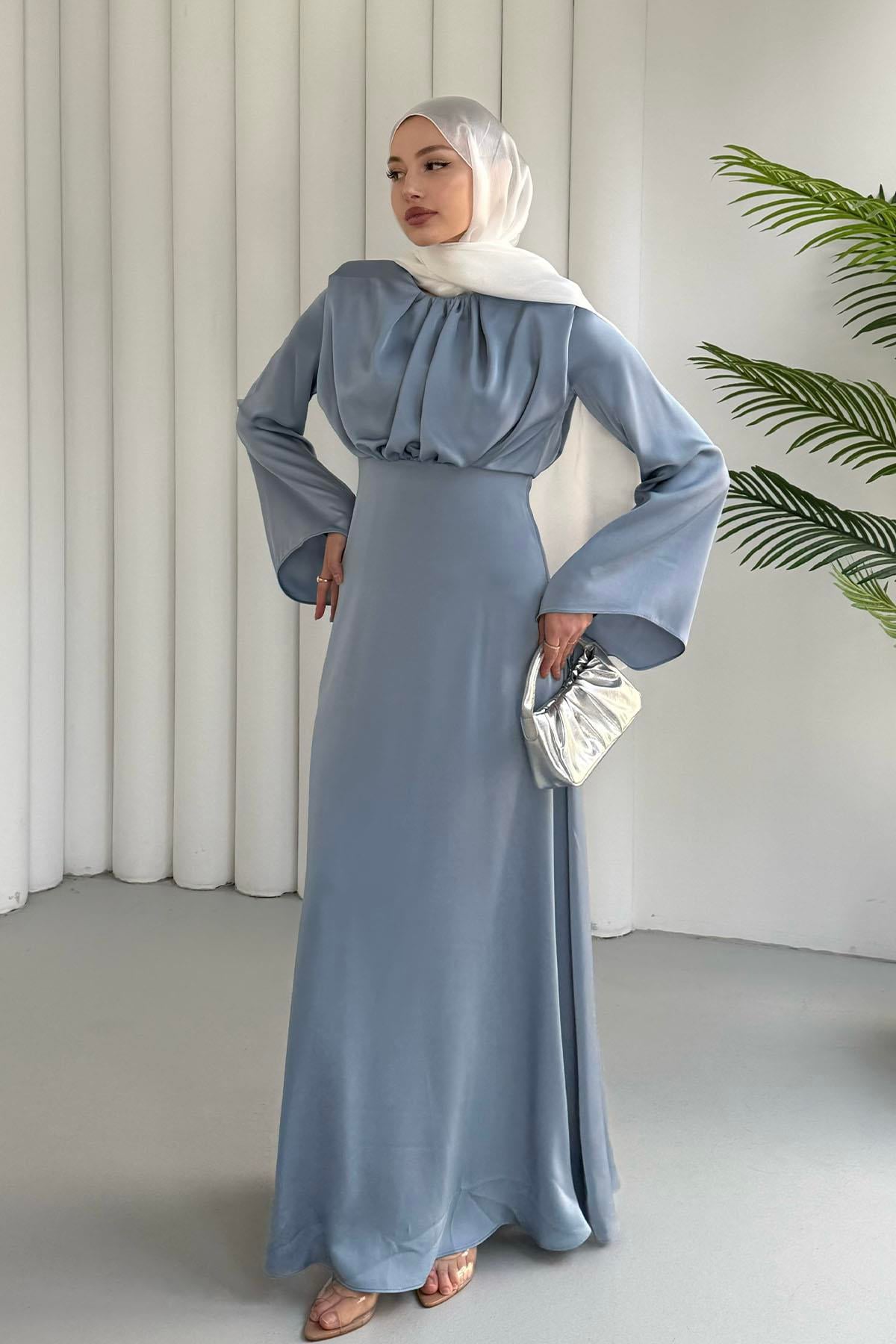 Balon Kol Önü Pileli Saten Tesettür Abiye-BEBE MAVİ