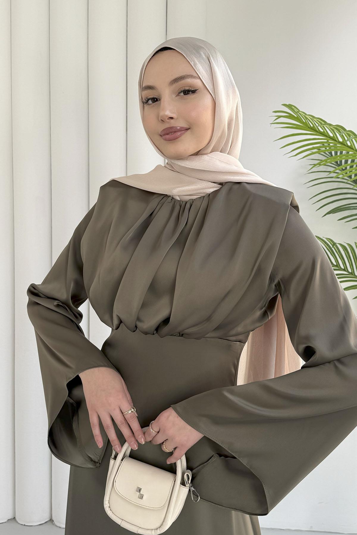 Balon Kol Önü Pileli Saten Tesettür Abiye-HAKİ YEŞİL