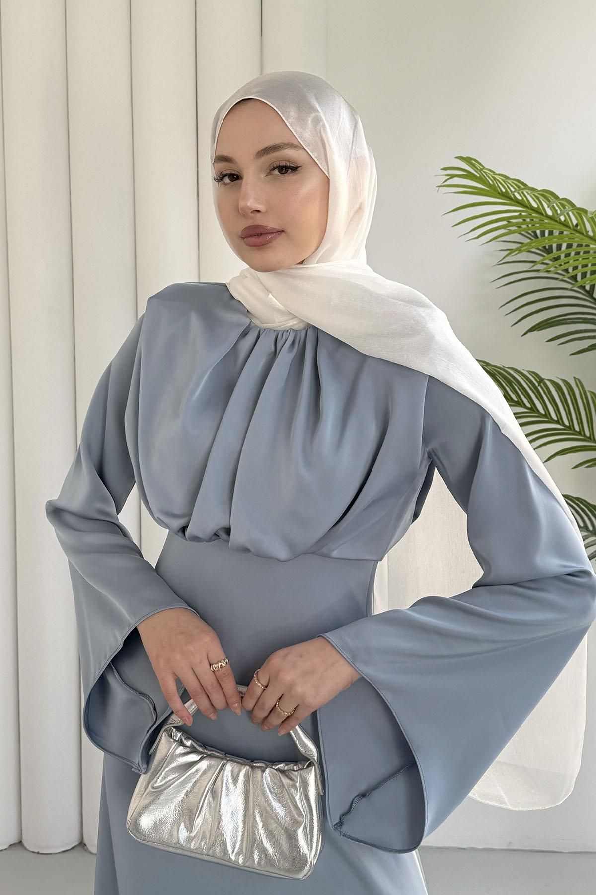 Balon Kol Önü Pileli Saten Tesettür Abiye-BEBE MAVİ