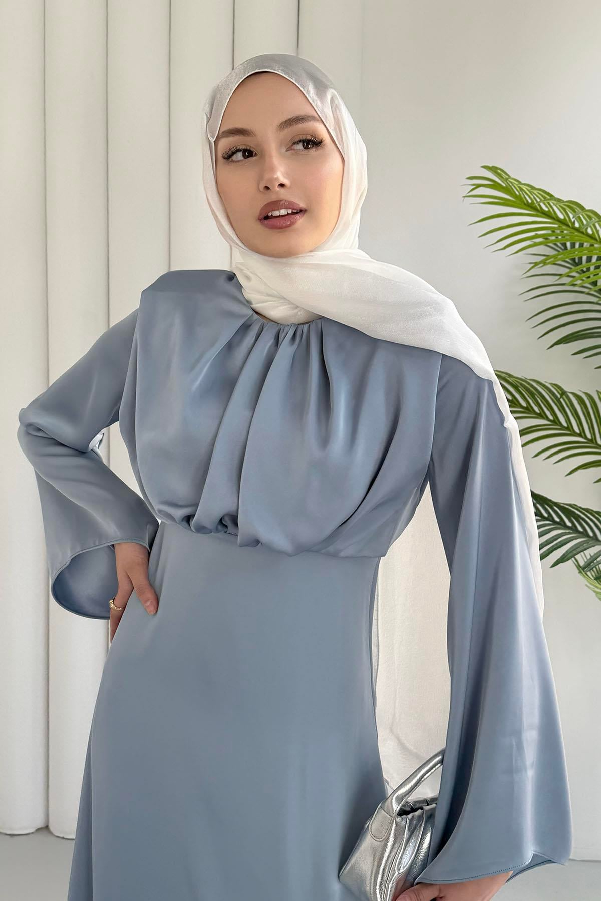 Balon Kol Önü Pileli Saten Tesettür Abiye-BEBE MAVİ