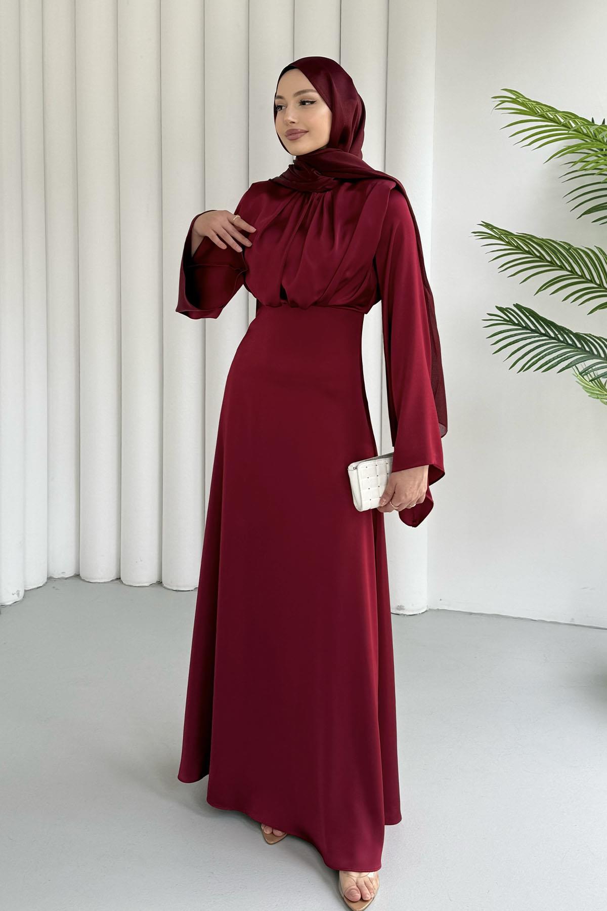 Balon Kol Önü Pileli Saten Tesettür Abiye-BORDO