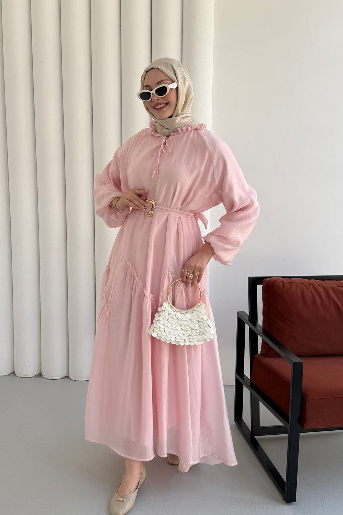 Balon Kol Tül Fırfır Detaylı Kemer Tokalı Modal Tesettür Elbise-PEMBE