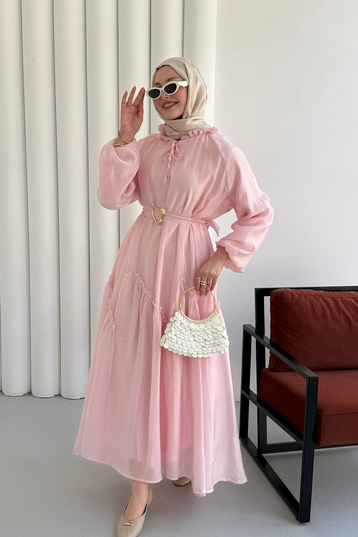 Balon Kol Tül Fırfır Detaylı Kemer Tokalı Modal Tesettür Elbise-PEMBE