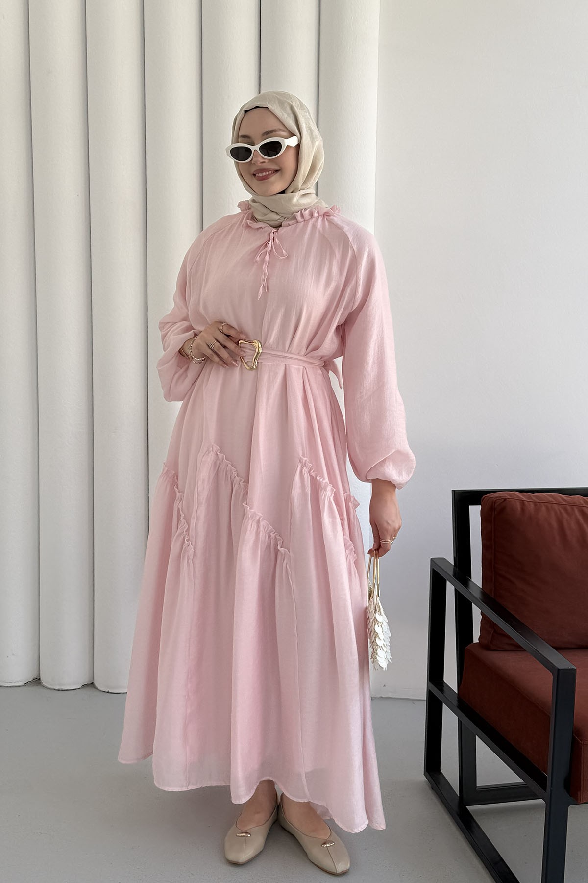 Balon Kol Tül Fırfır Detaylı Kemer Tokalı Modal Tesettür Elbise-PEMBE