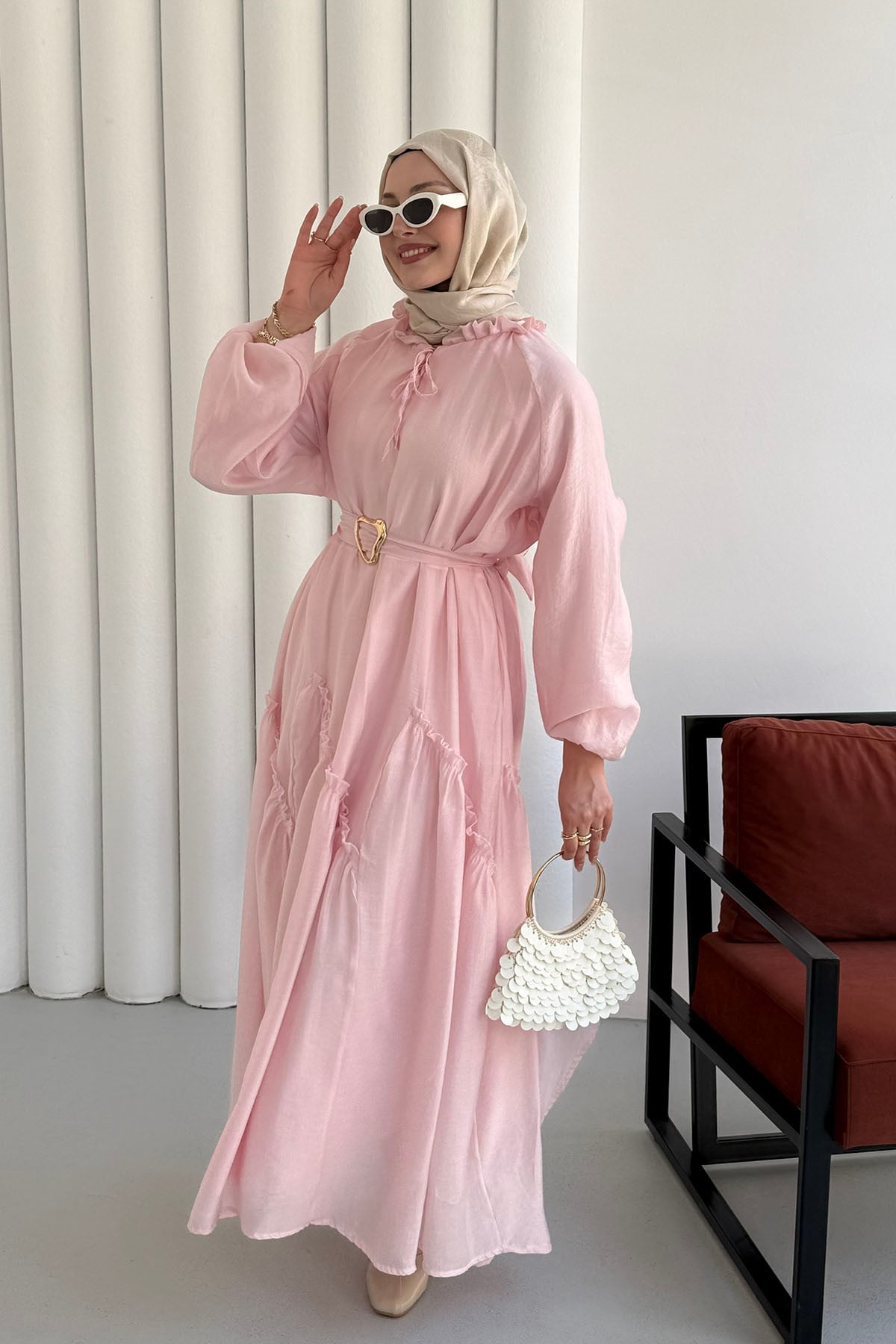 Balon Kol Tül Fırfır Detaylı Kemer Tokalı Modal Tesettür Elbise-PEMBE