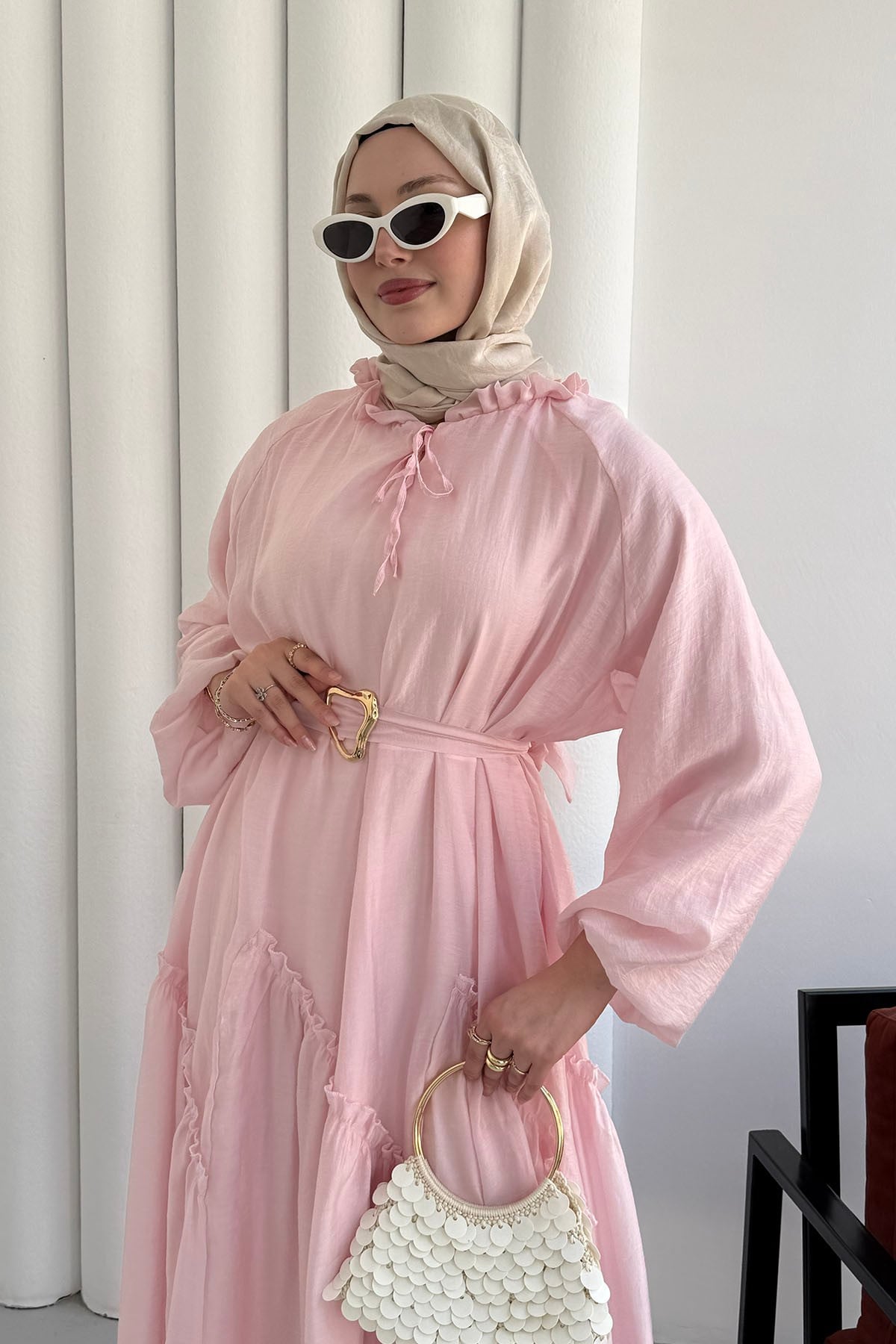 Balon Kol Tül Fırfır Detaylı Kemer Tokalı Modal Tesettür Elbise-PEMBE