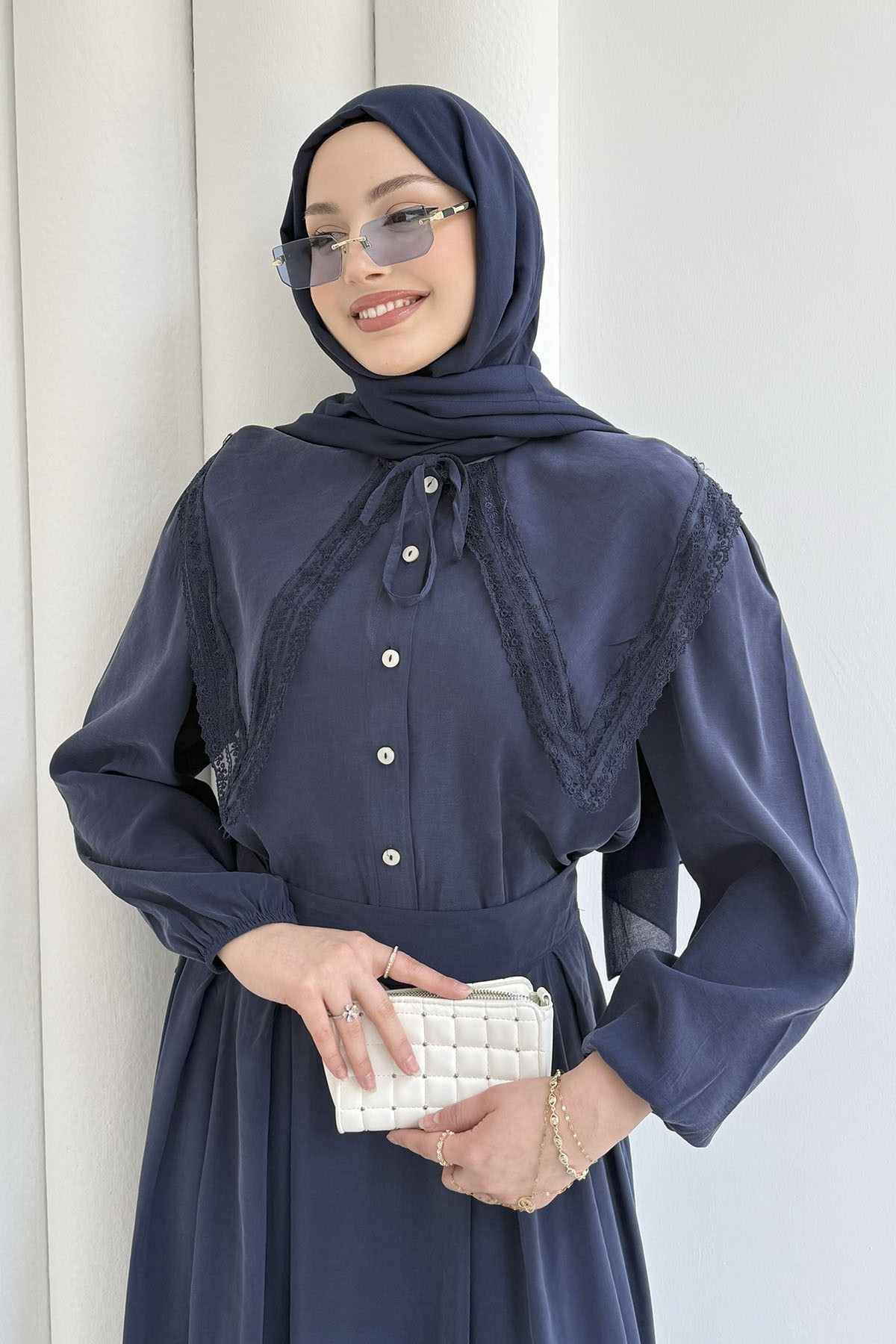 Bebe Yaka Dantel Detaylı Etekli Tesettür Takım-LACİVERT