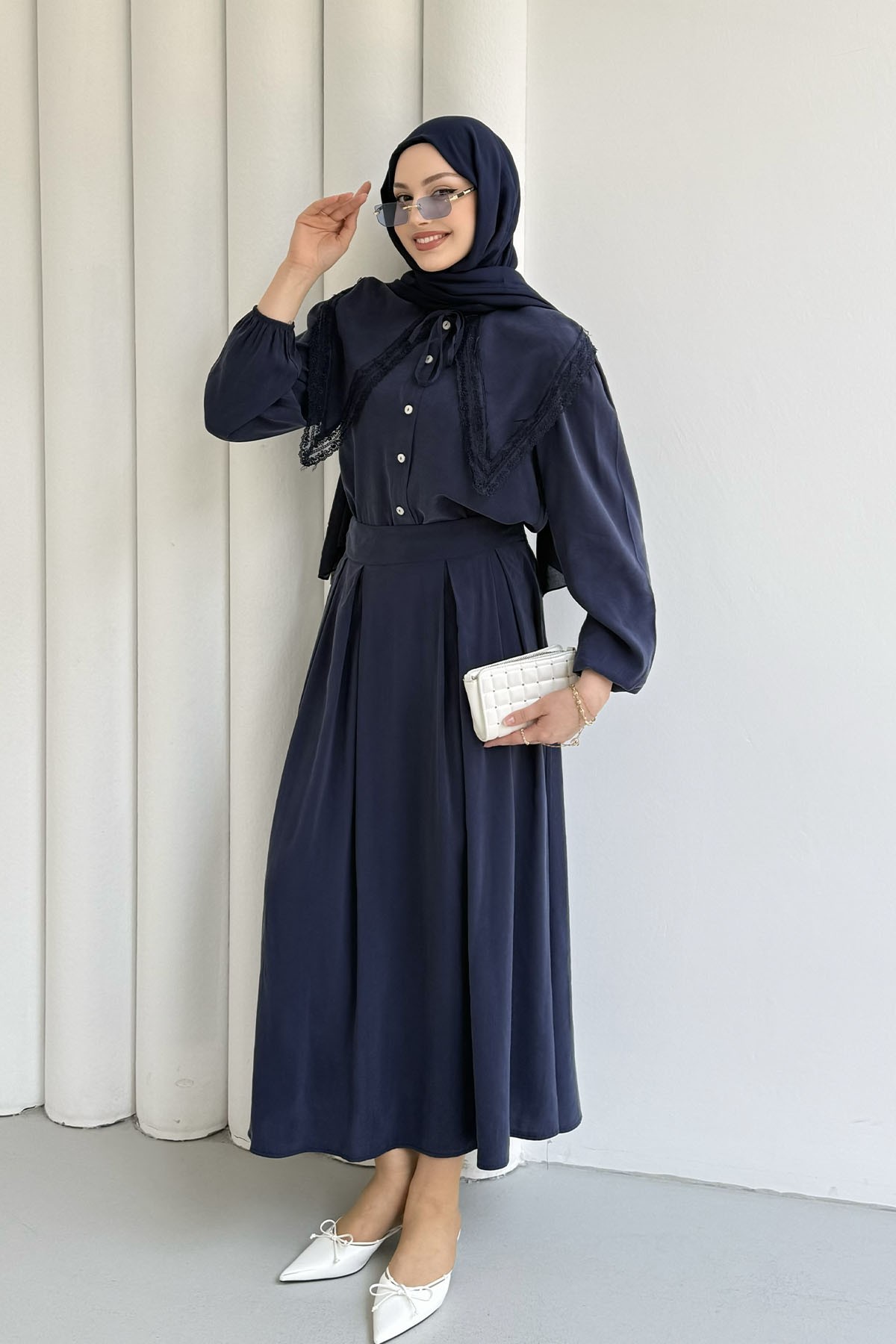 Bebe Yaka Dantel Detaylı Etekli Tesettür Takım-LACİVERT