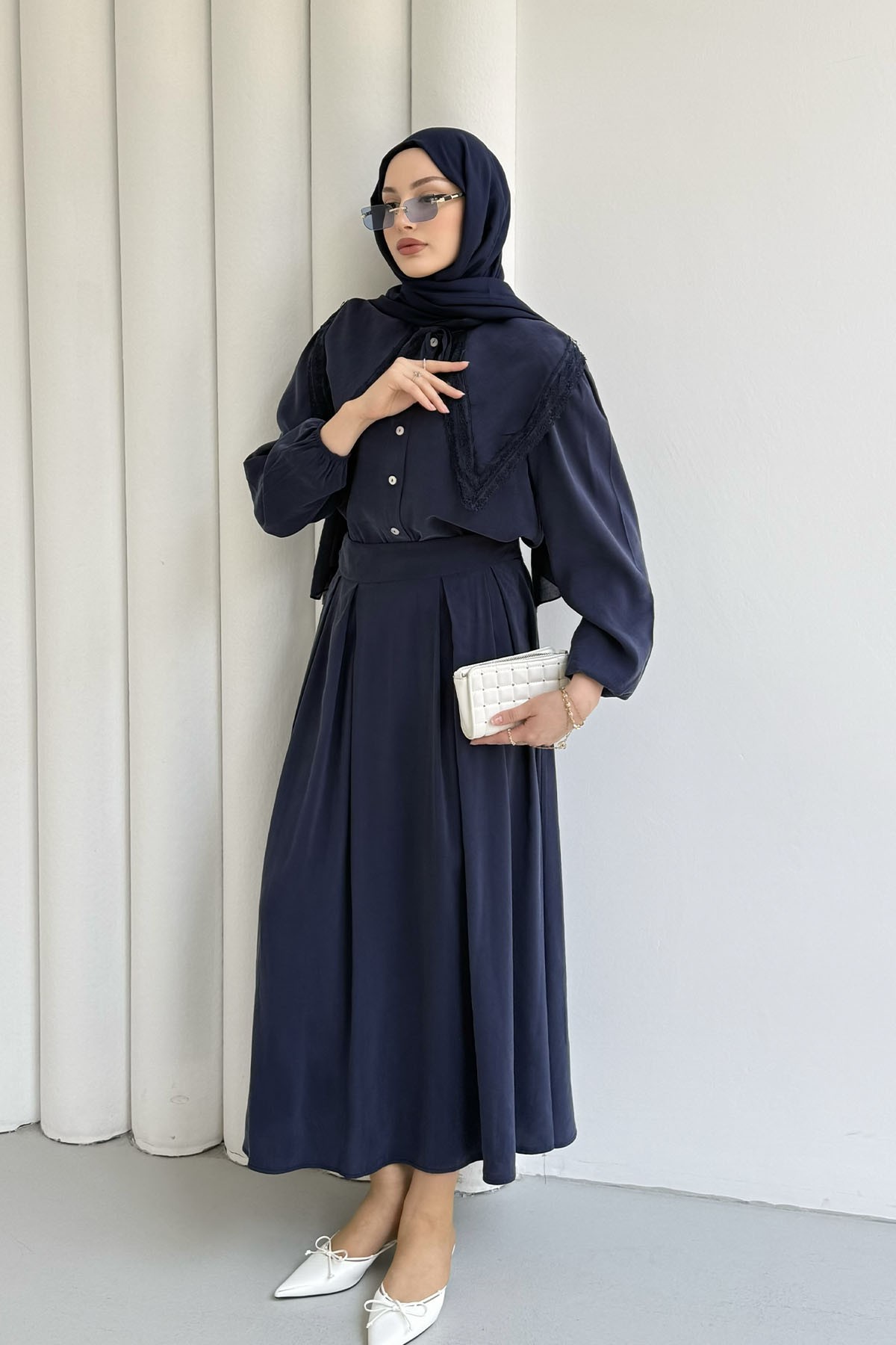 Bebe Yaka Dantel Detaylı Etekli Tesettür Takım-LACİVERT