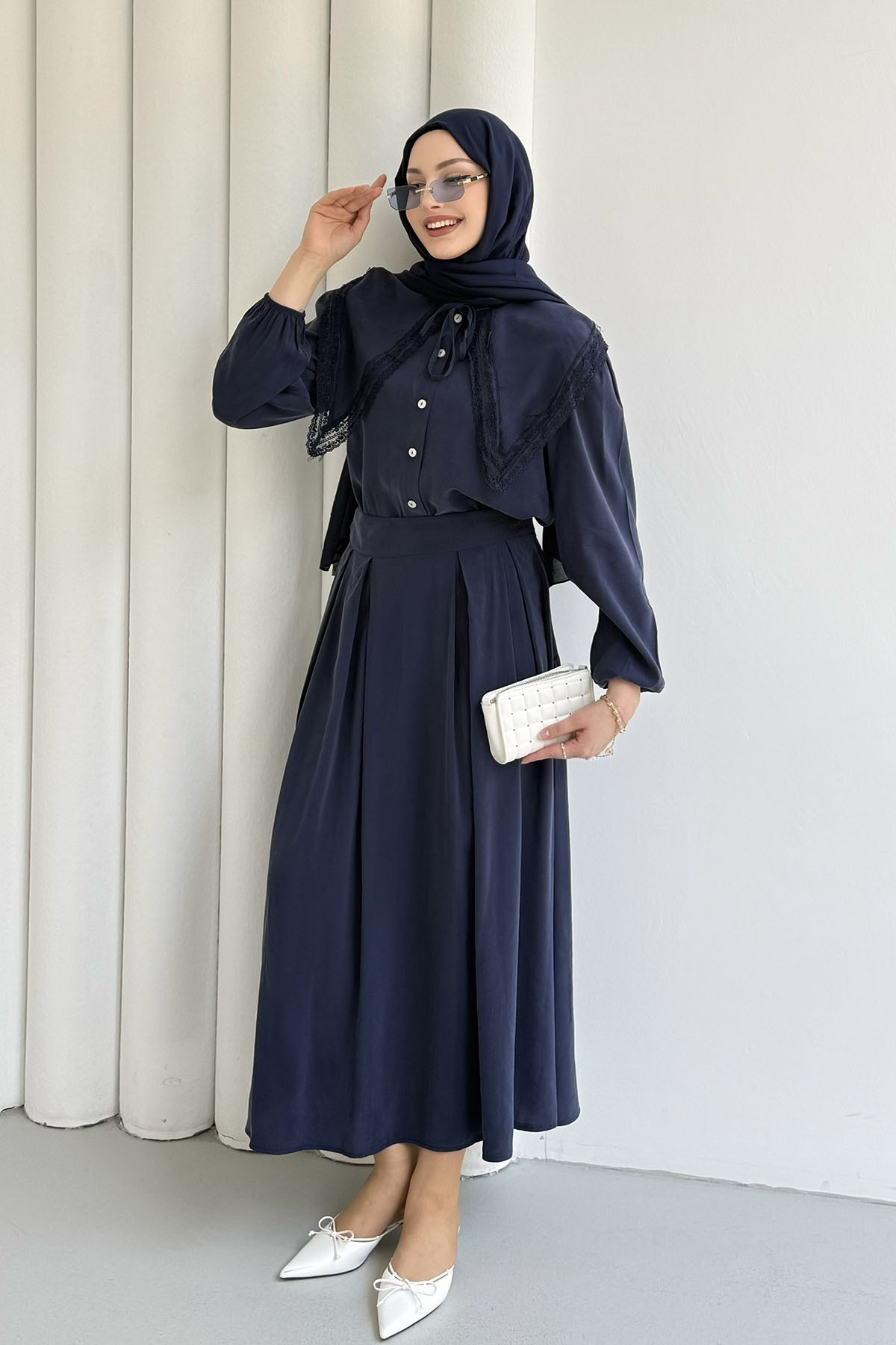 Bebe Yaka Dantel Detaylı Etekli Tesettür Takım-LACİVERT