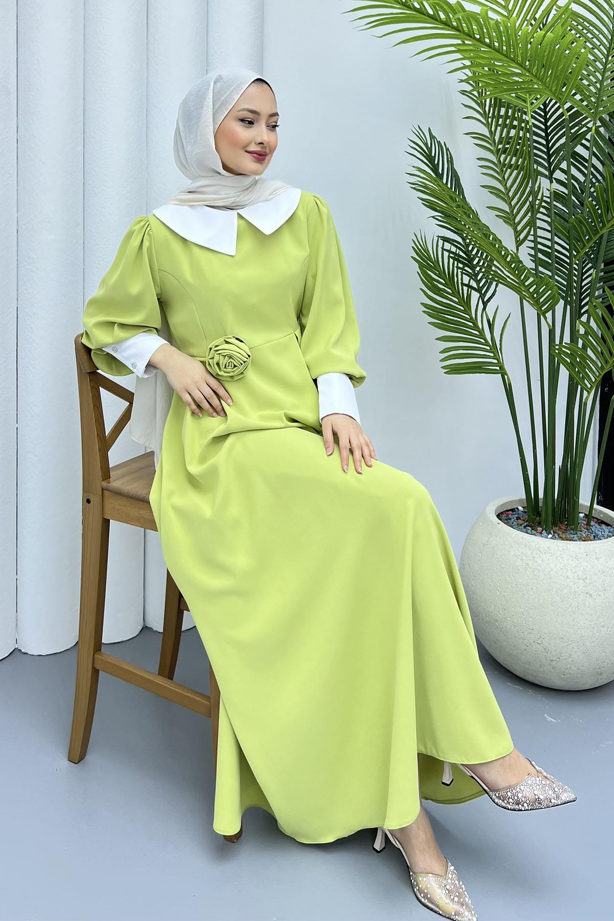 Bebe Yaka Kol Detaylı Tesettür Elbise-FISTIK YEŞİLİ