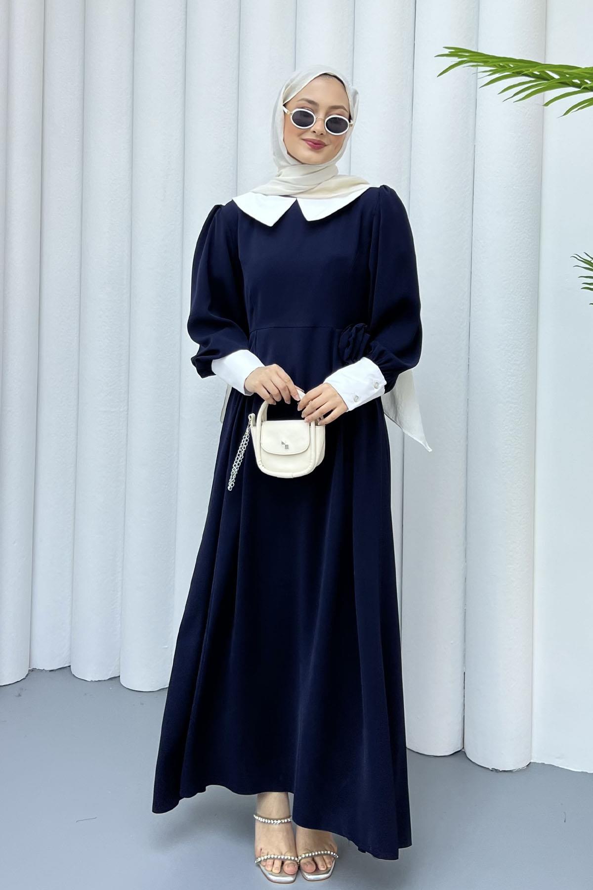 Bebe Yaka Kol Detaylı Tesettür Elbise-LACİVERT