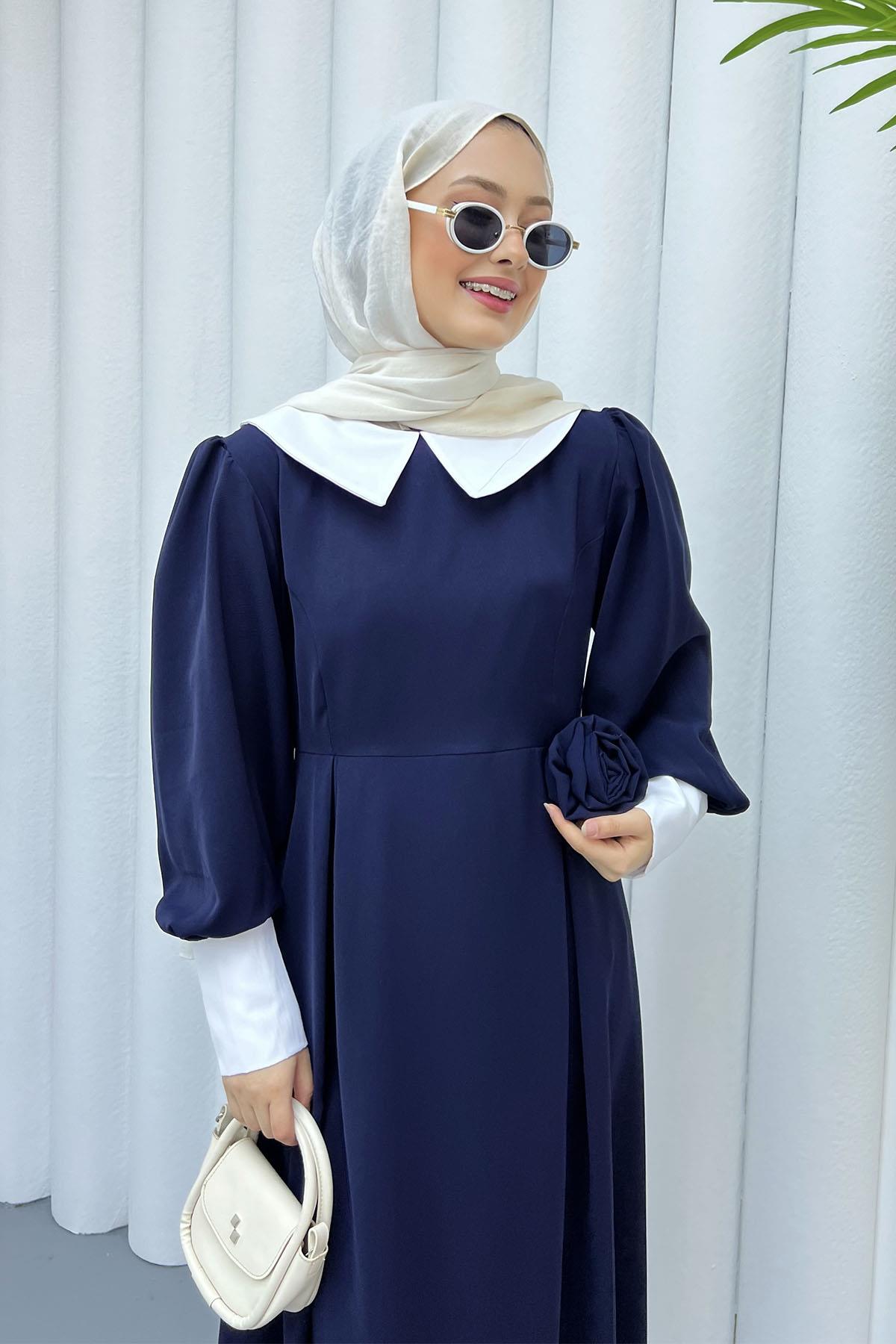 Bebe Yaka Kol Detaylı Tesettür Elbise-LACİVERT