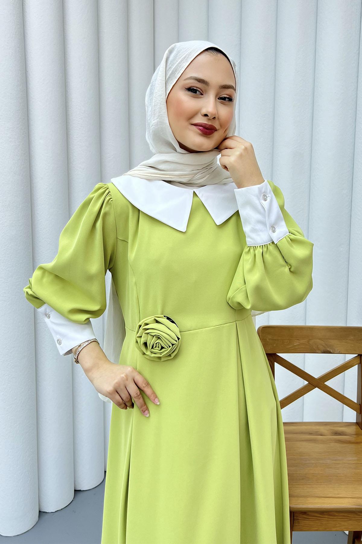 Bebe Yaka Kol Detaylı Tesettür Elbise-FISTIK YEŞİLİ