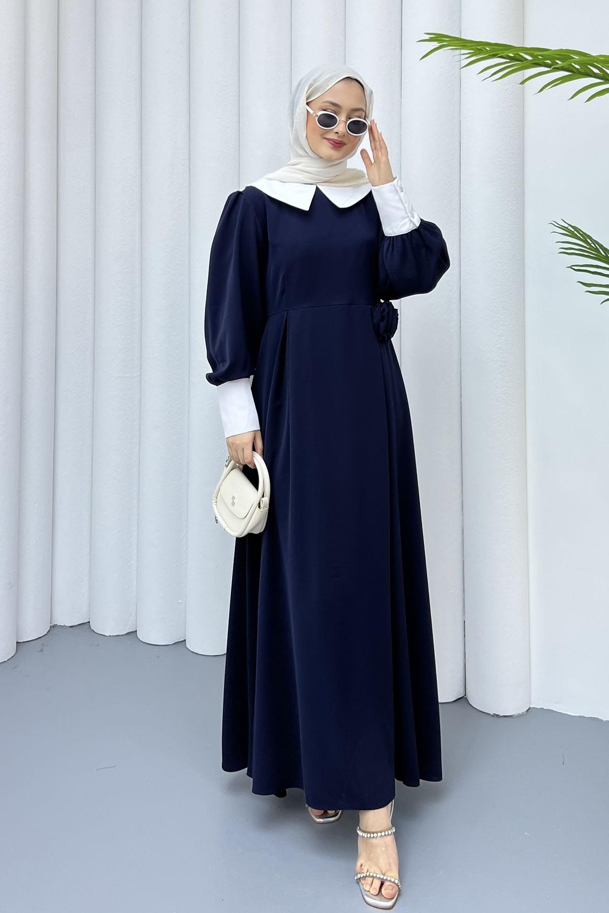 Bebe Yaka Kol Detaylı Tesettür Elbise-LACİVERT