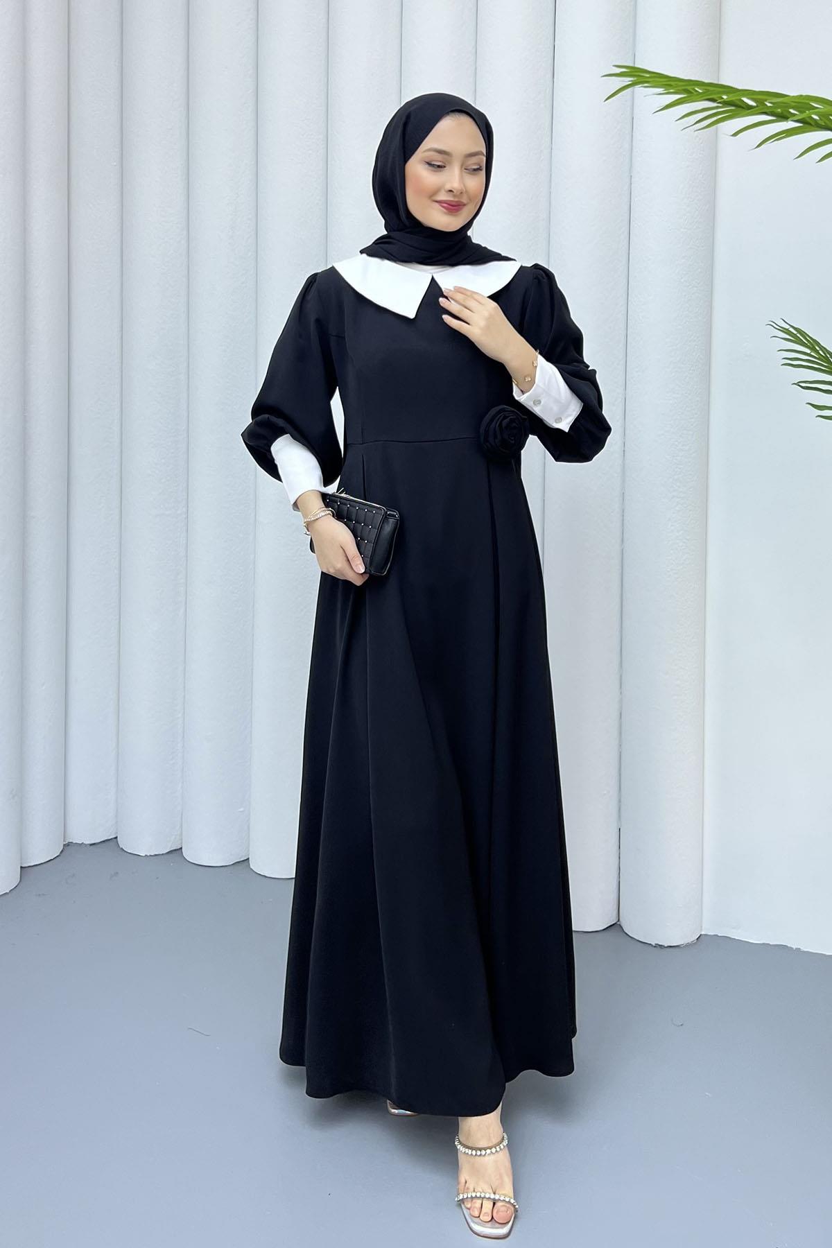 Bebe Yaka Kol Detaylı Tesettür Elbise-SİYAH