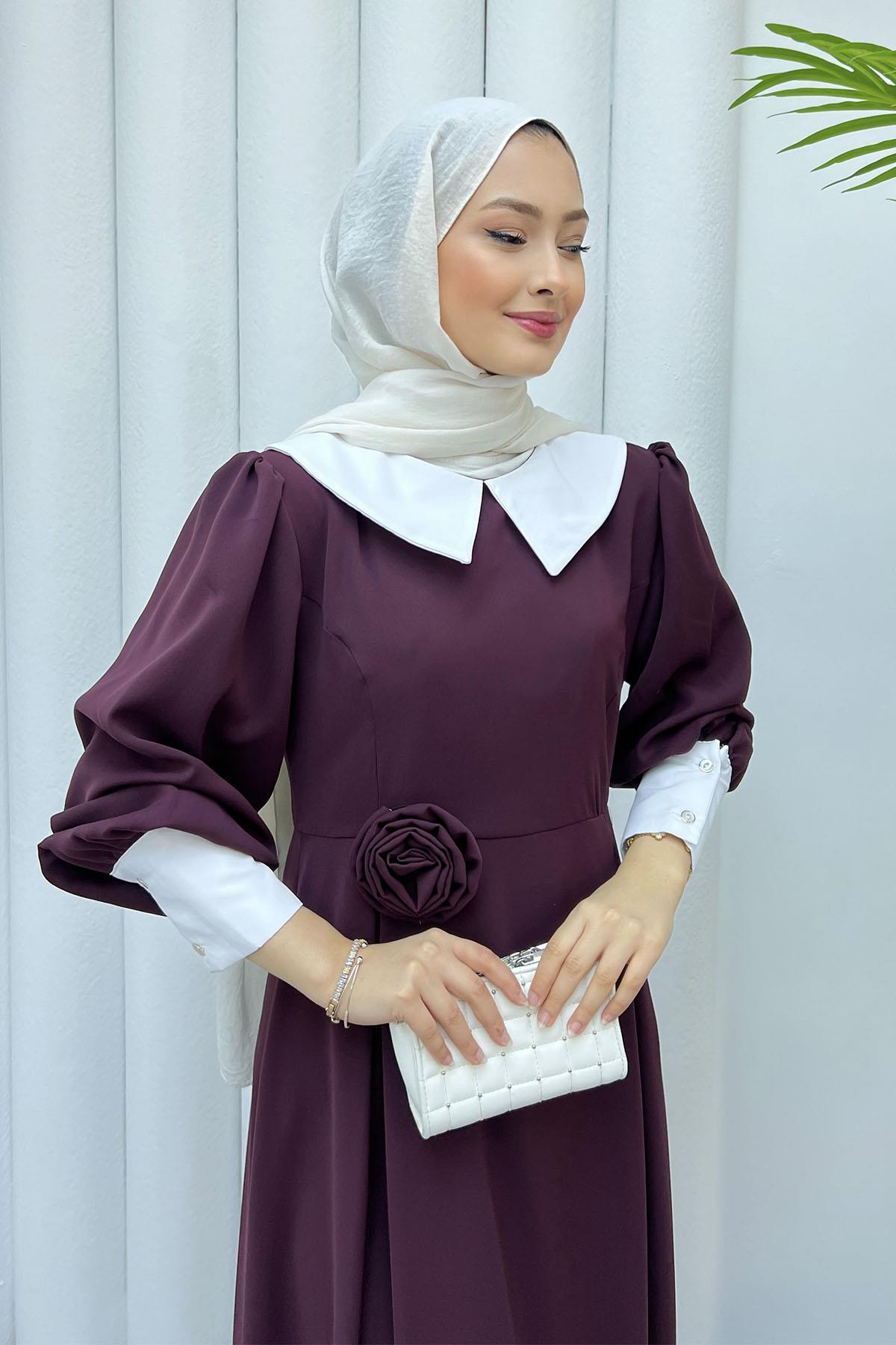 Bebe Yaka Kol Detaylı Tesettür Elbise-BORDO