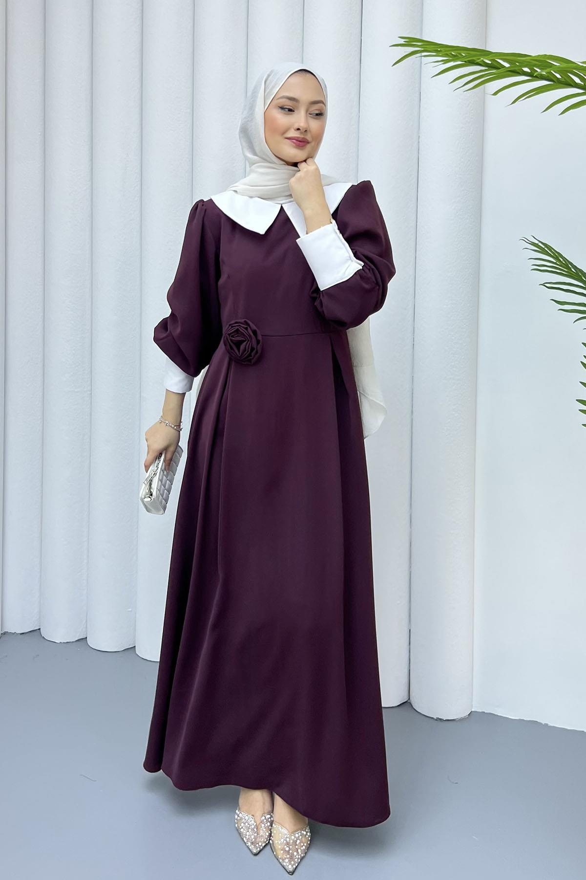 Bebe Yaka Kol Detaylı Tesettür Elbise-BORDO