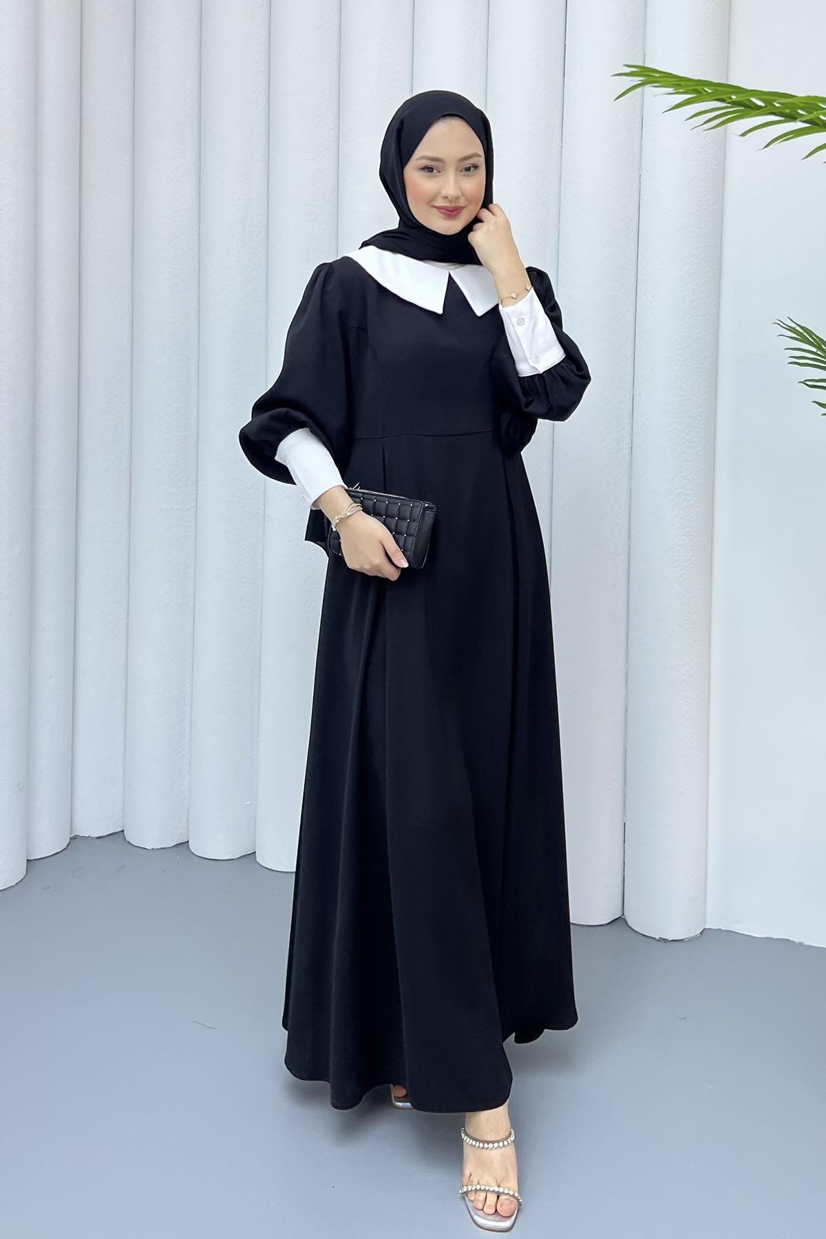 Bebe Yaka Kol Detaylı Tesettür Elbise-SİYAH