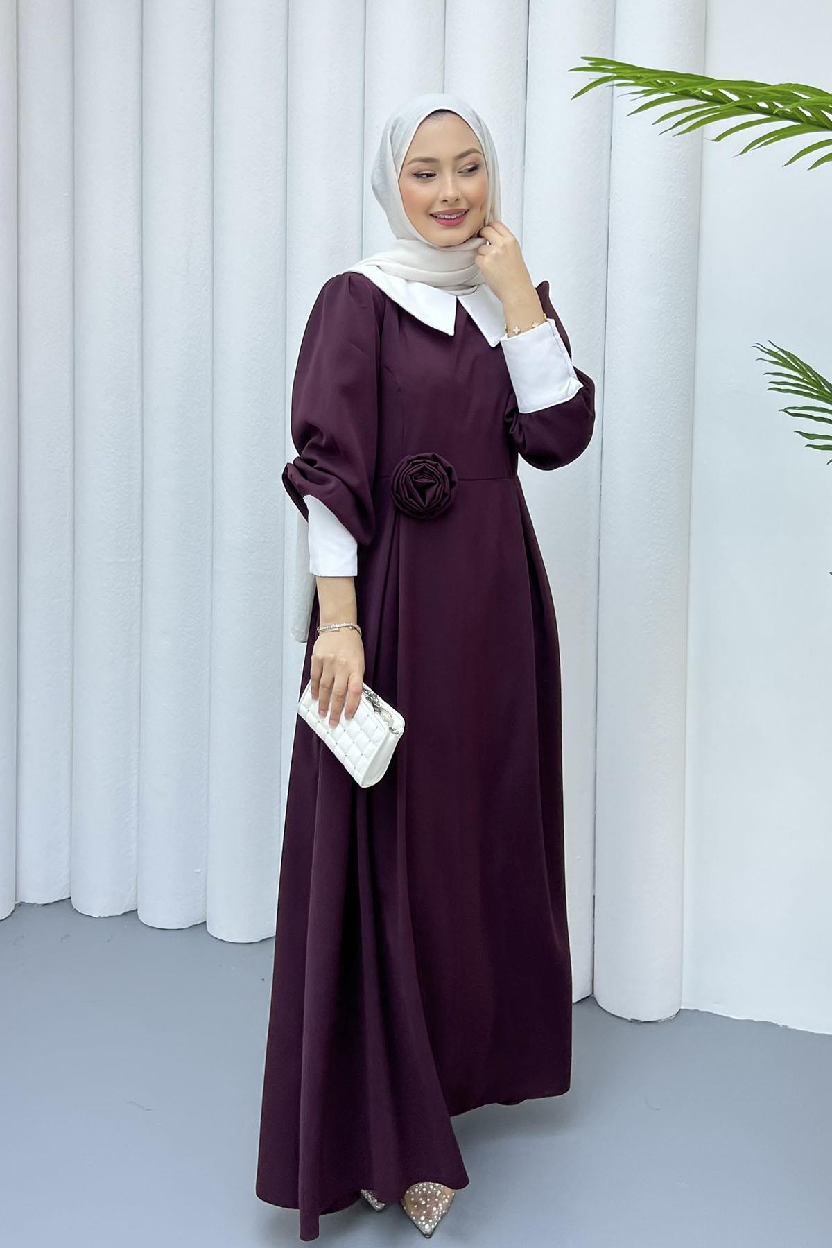 Bebe Yaka Kol Detaylı Tesettür Elbise-BORDO