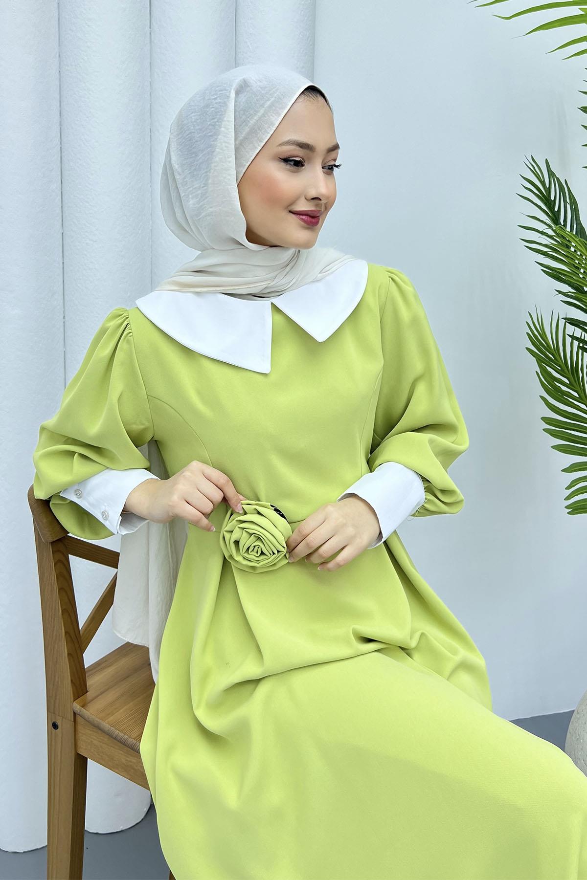 Bebe Yaka Kol Detaylı Tesettür Elbise-FISTIK YEŞİLİ