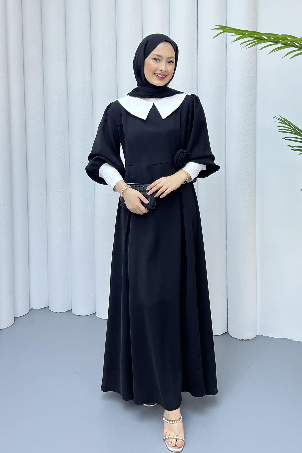 Bebe Yaka Kol Detaylı Tesettür Elbise-SİYAH