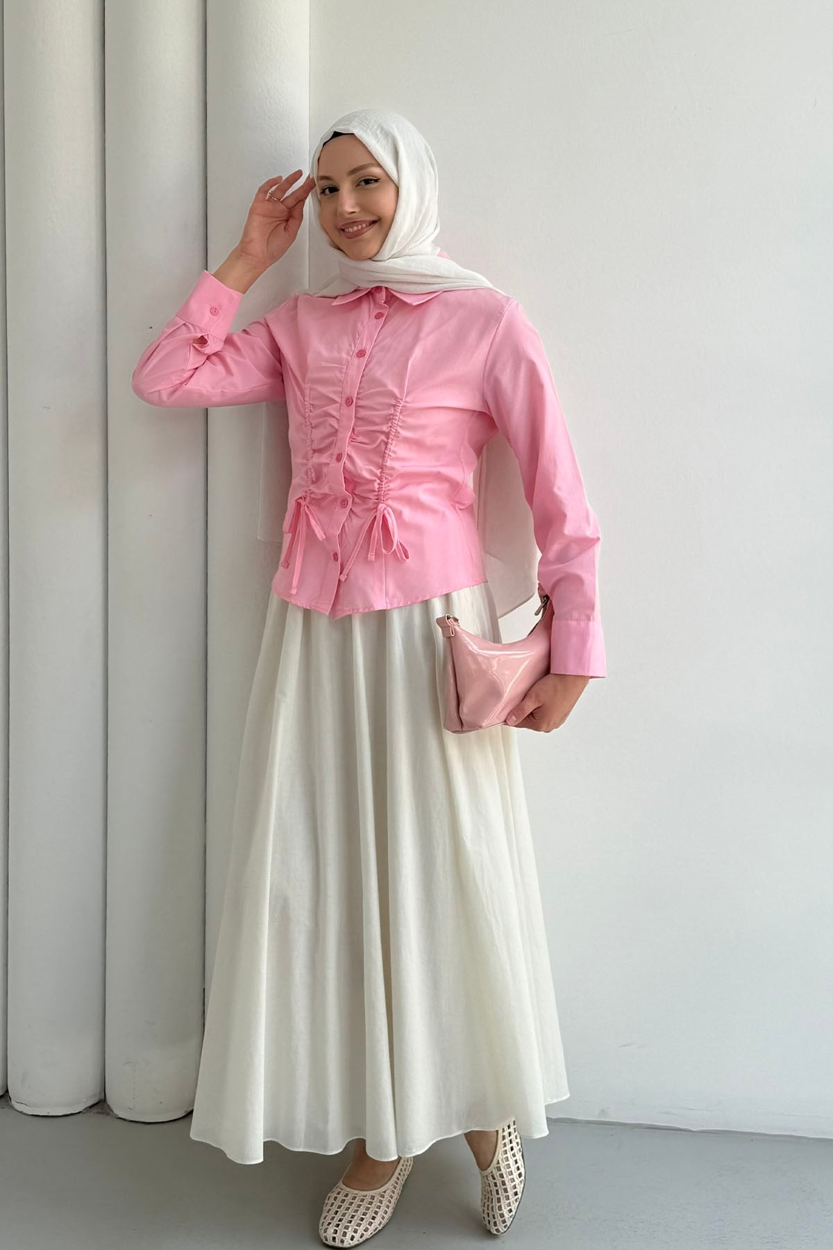 Bel Bağçıklı Büzgü Detay Gömlek-PEMBE