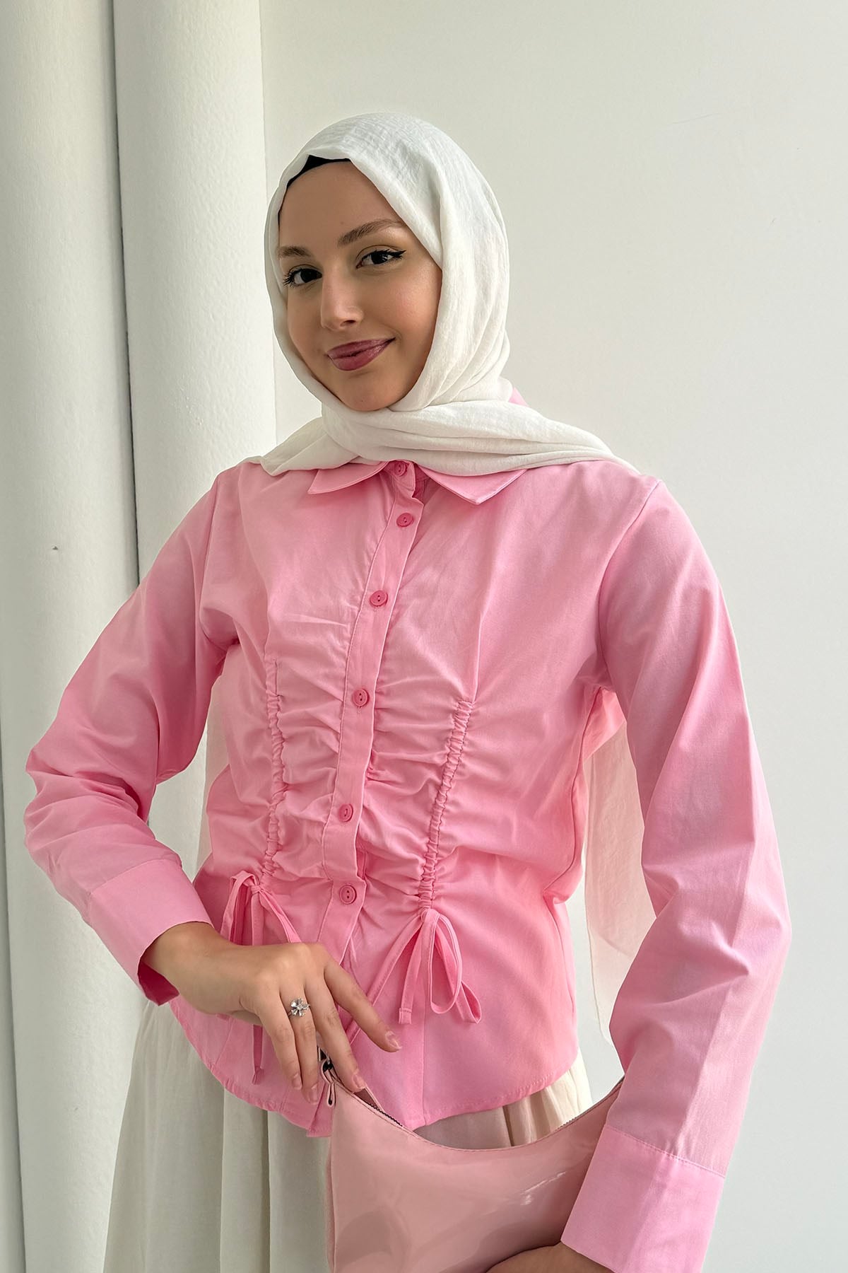 Bel Bağçıklı Büzgü Detay Gömlek-PEMBE