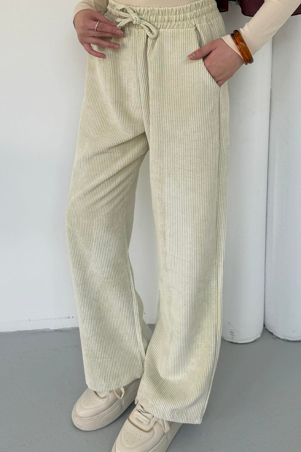 Bel Bağçıklı Kadife Palazzo Pantolon-TAŞ