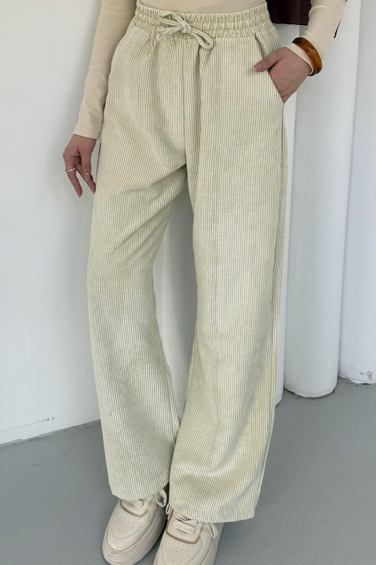 Bel Bağçıklı Kadife Palazzo Pantolon-TAŞ