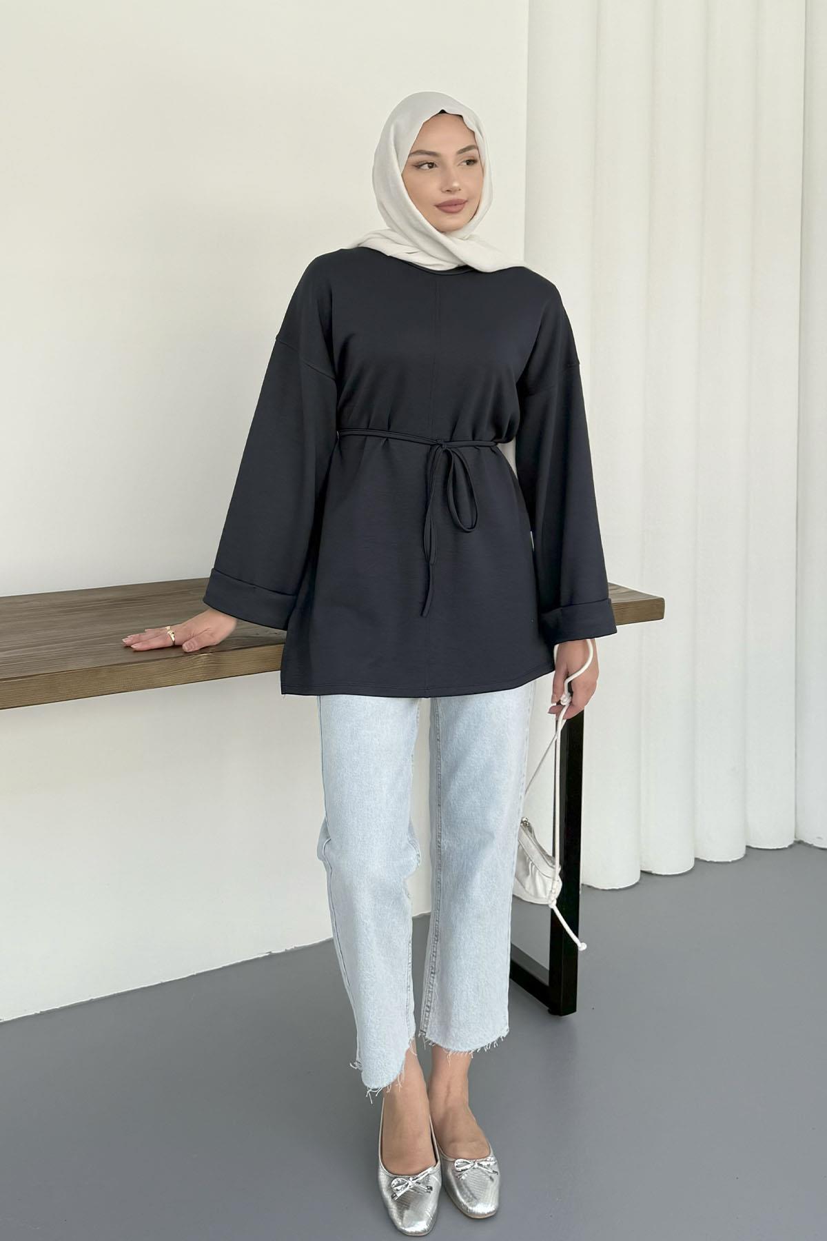 Bel Bağlamalı Kol Detaylı Tesettür Tunik-LACİVERT