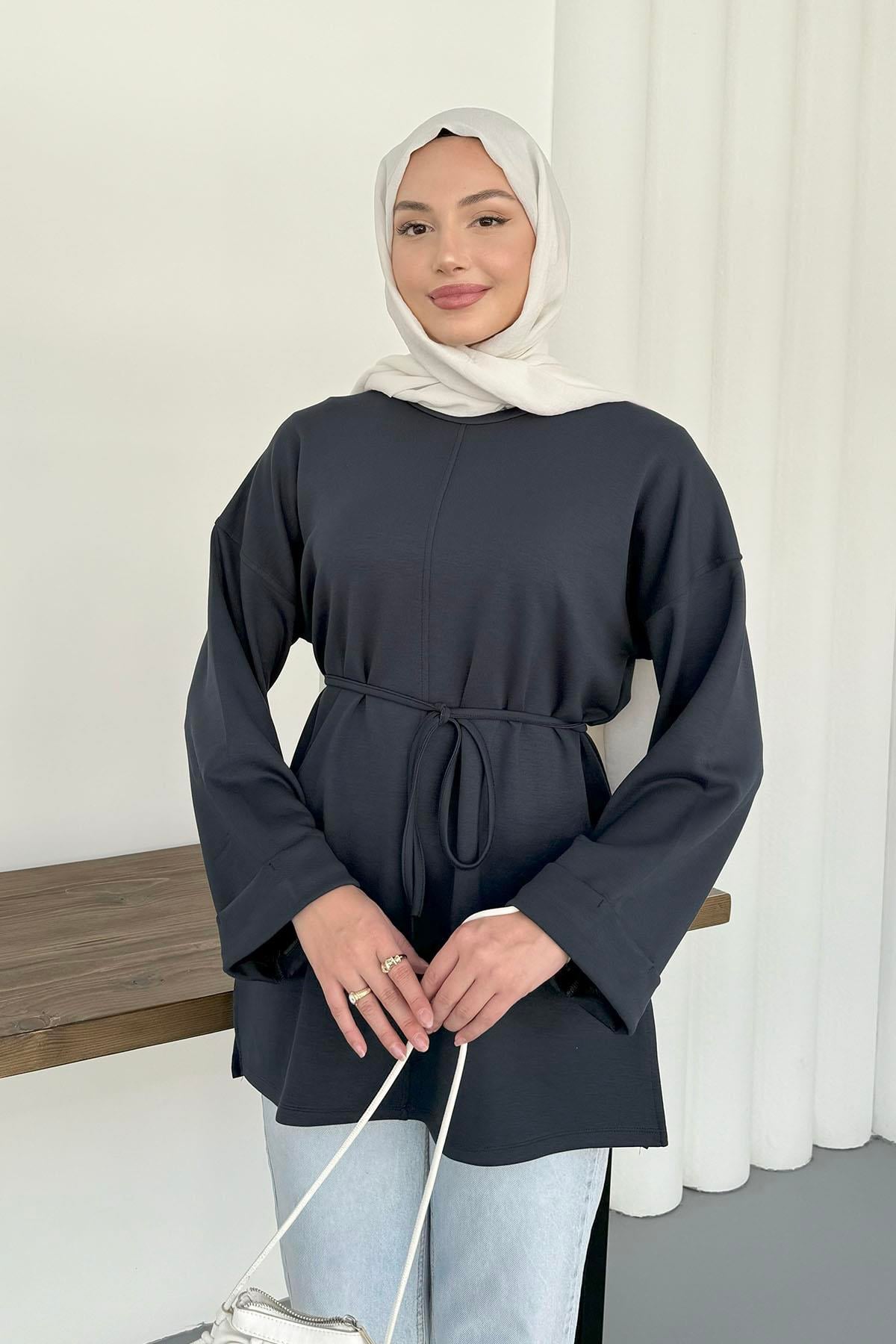 Bel Bağlamalı Kol Detaylı Tesettür Tunik-LACİVERT