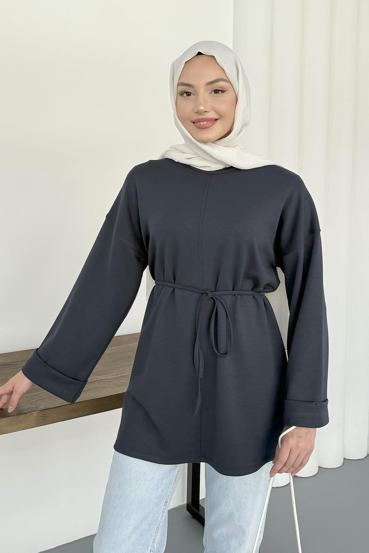 Bel Bağlamalı Kol Detaylı Tesettür Tunik-LACİVERT