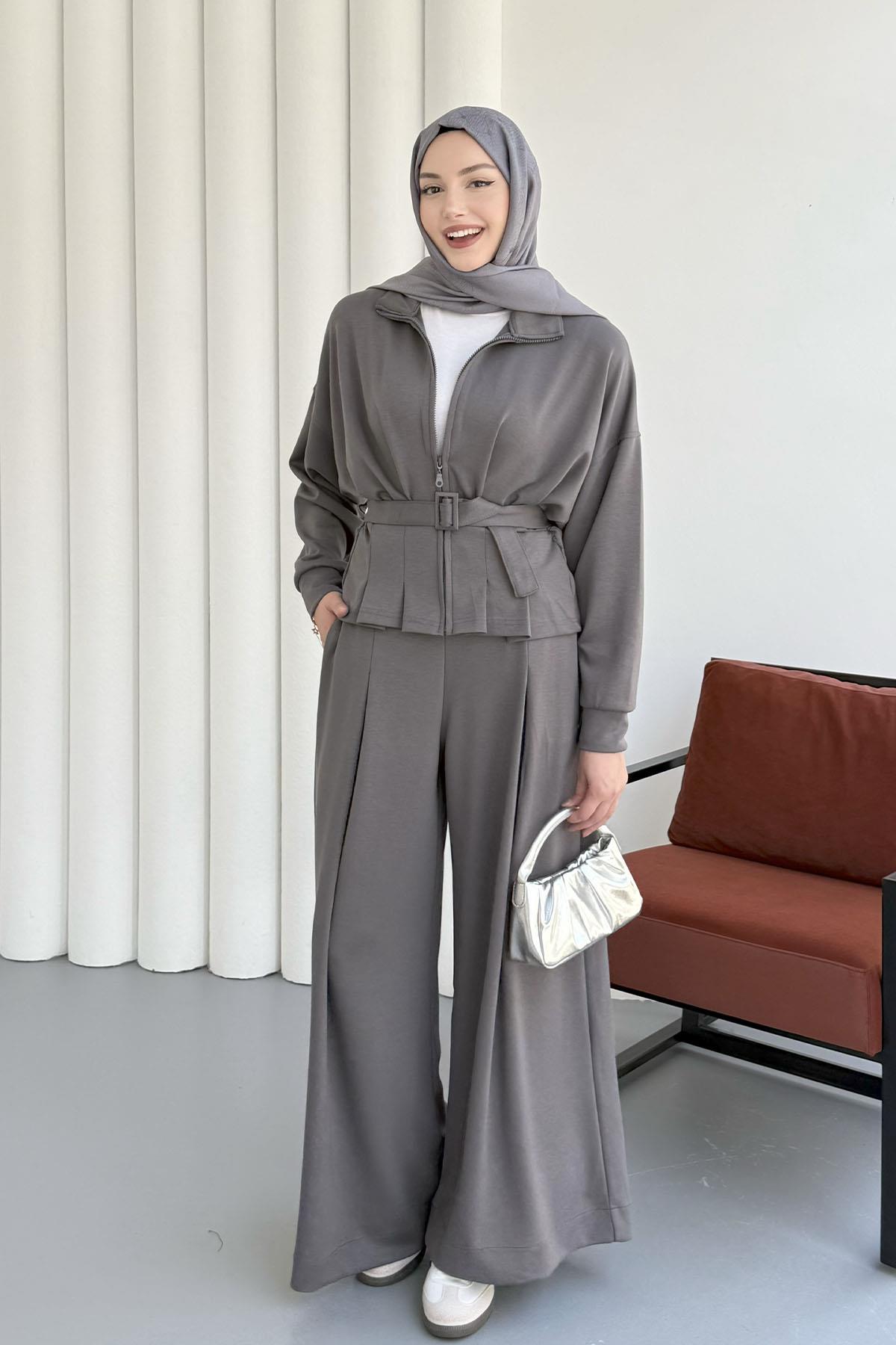 Bel Bağlamalı Önü Fermuarlı Spor Ceketli Tesettür Takım-ANTRASİT