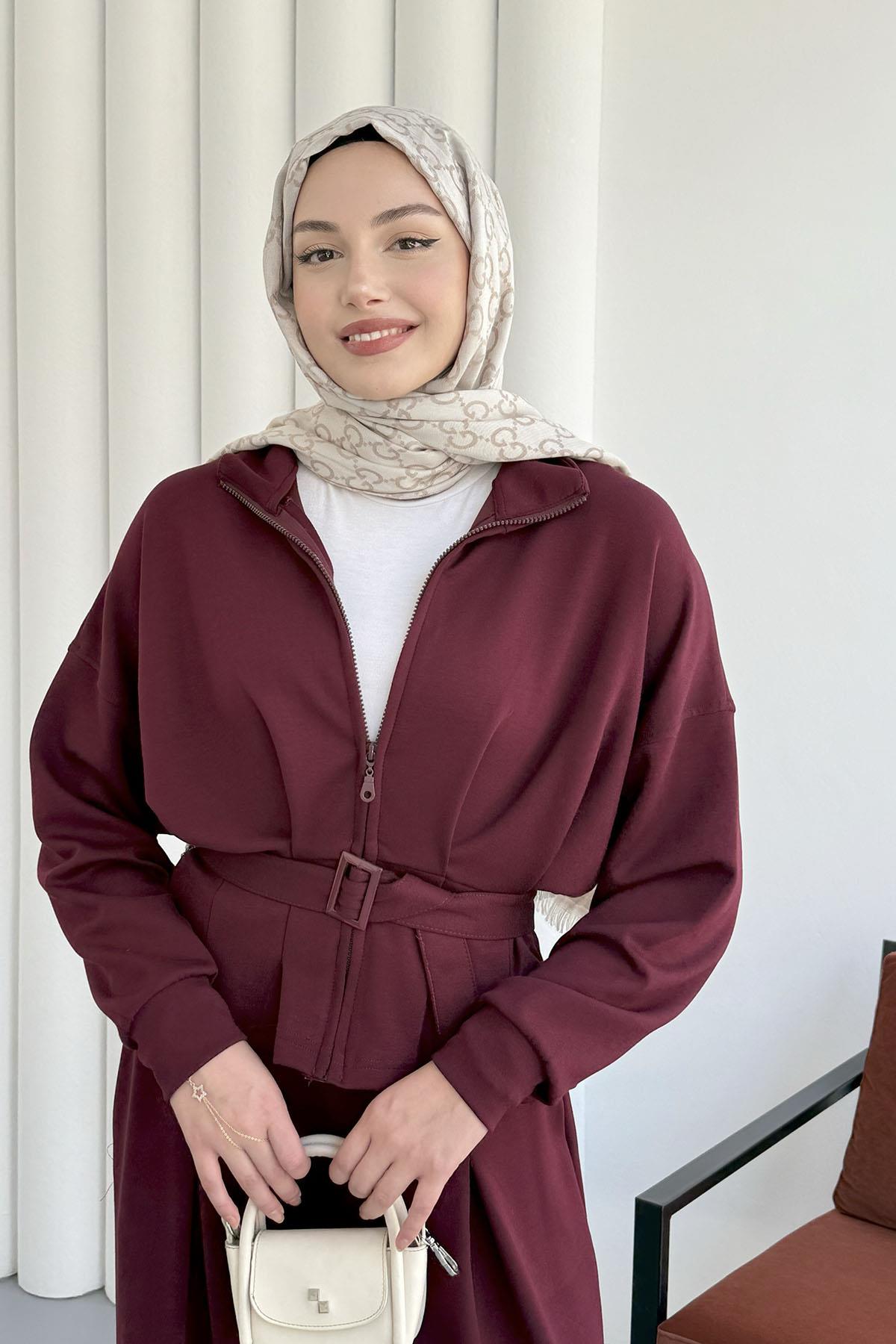 Bel Bağlamalı Önü Fermuarlı Spor Ceketli Tesettür Takım-BORDO