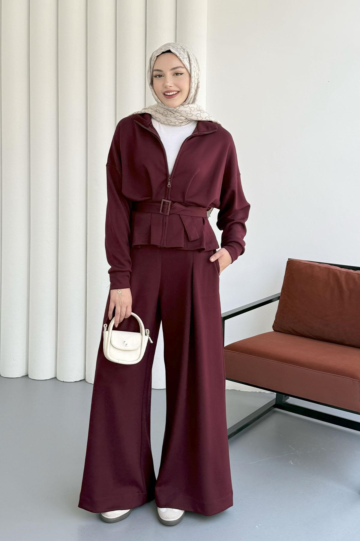 Bel Bağlamalı Önü Fermuarlı Spor Ceketli Tesettür Takım-BORDO