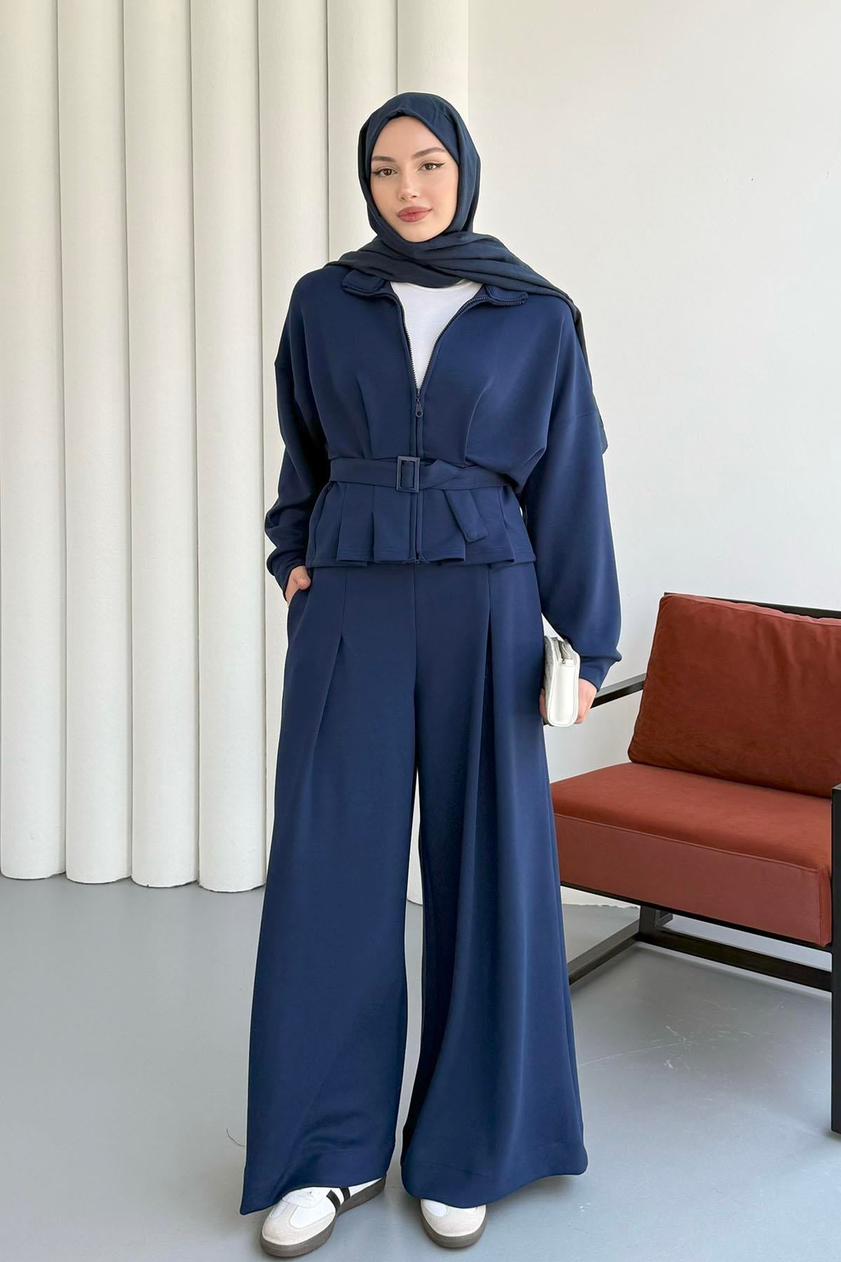 Bel Bağlamalı Önü Fermuarlı Spor Ceketli Tesettür Takım-LACİVERT