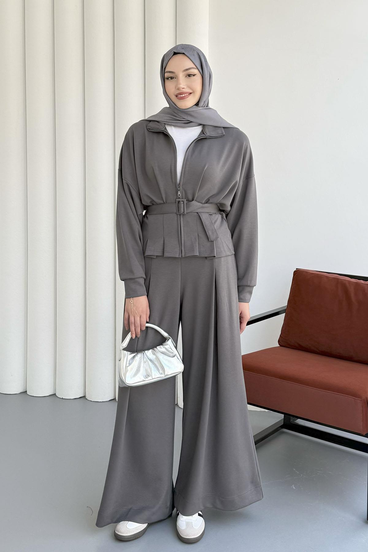 Bel Bağlamalı Önü Fermuarlı Spor Ceketli Tesettür Takım-ANTRASİT
