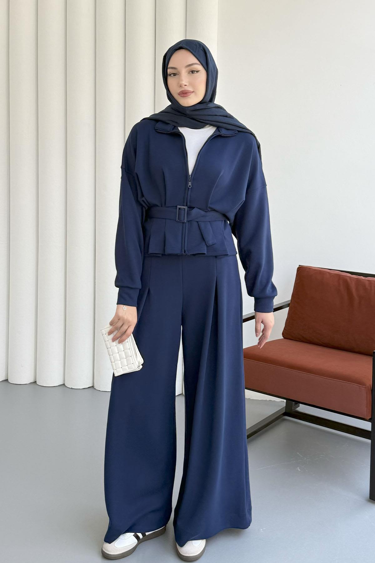 Bel Bağlamalı Önü Fermuarlı Spor Ceketli Tesettür Takım-LACİVERT