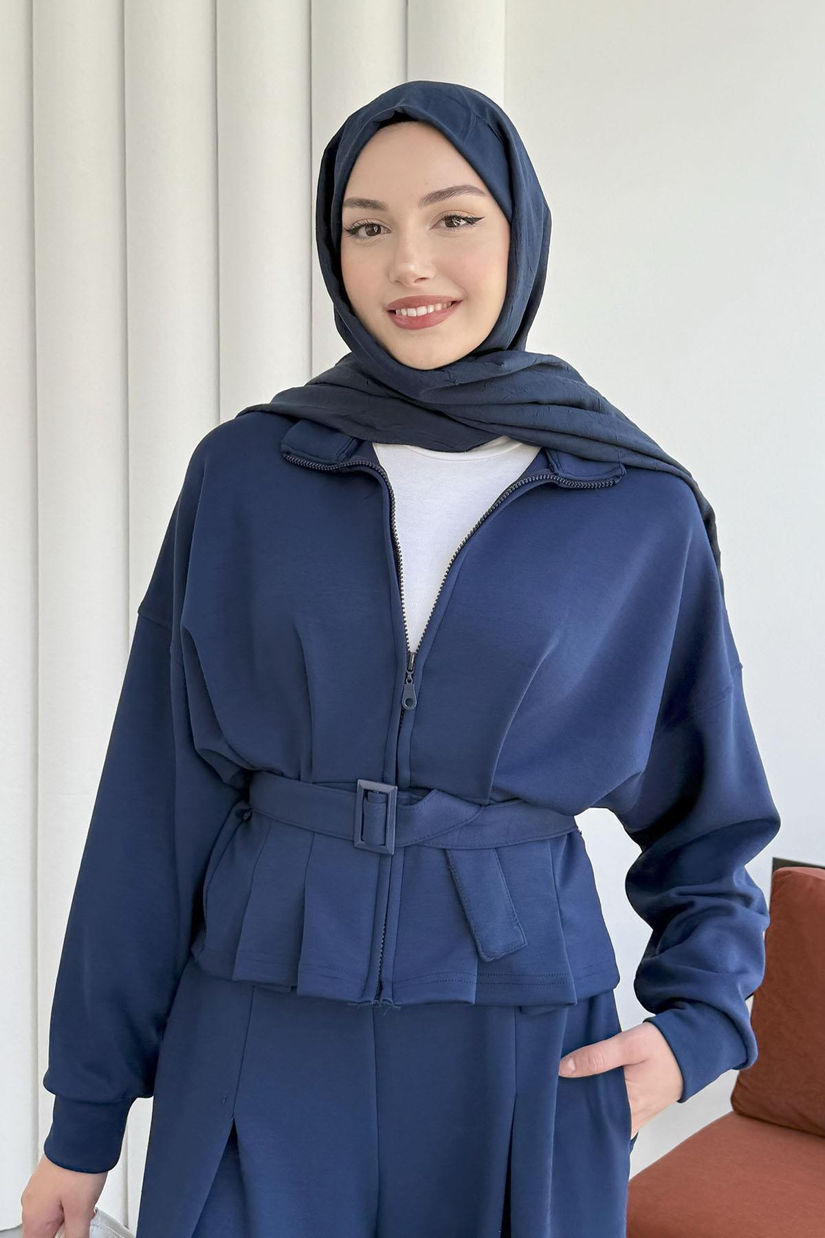 Bel Bağlamalı Önü Fermuarlı Spor Ceketli Tesettür Takım-LACİVERT