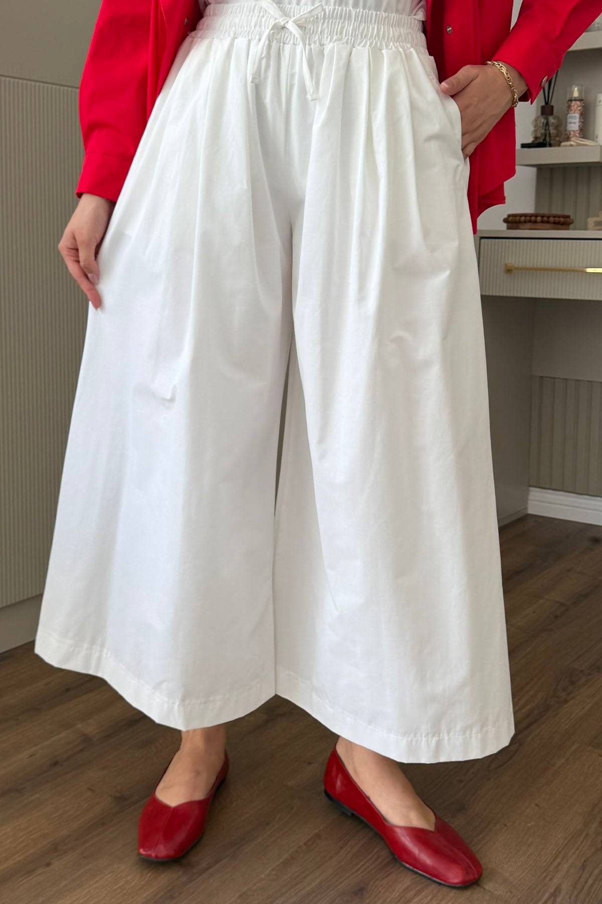 Bel Lastikli İp Detaylı Cepli Paraşüt Kumaş Pantolon-EKRU