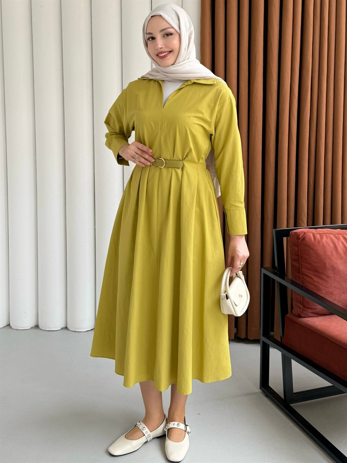 Bel Lastikli Kemer Detaylı Gömlek Tesettür Elbise-OLİVE